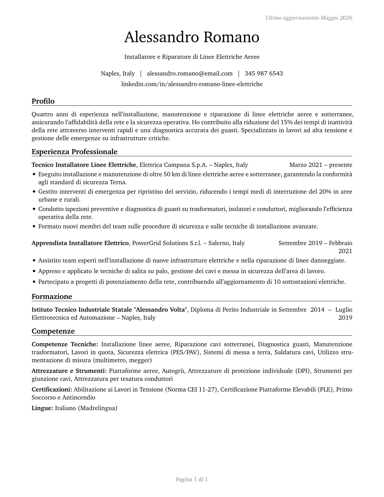Electrical Power-Line Installers and Repairers CV in Italian — page 1