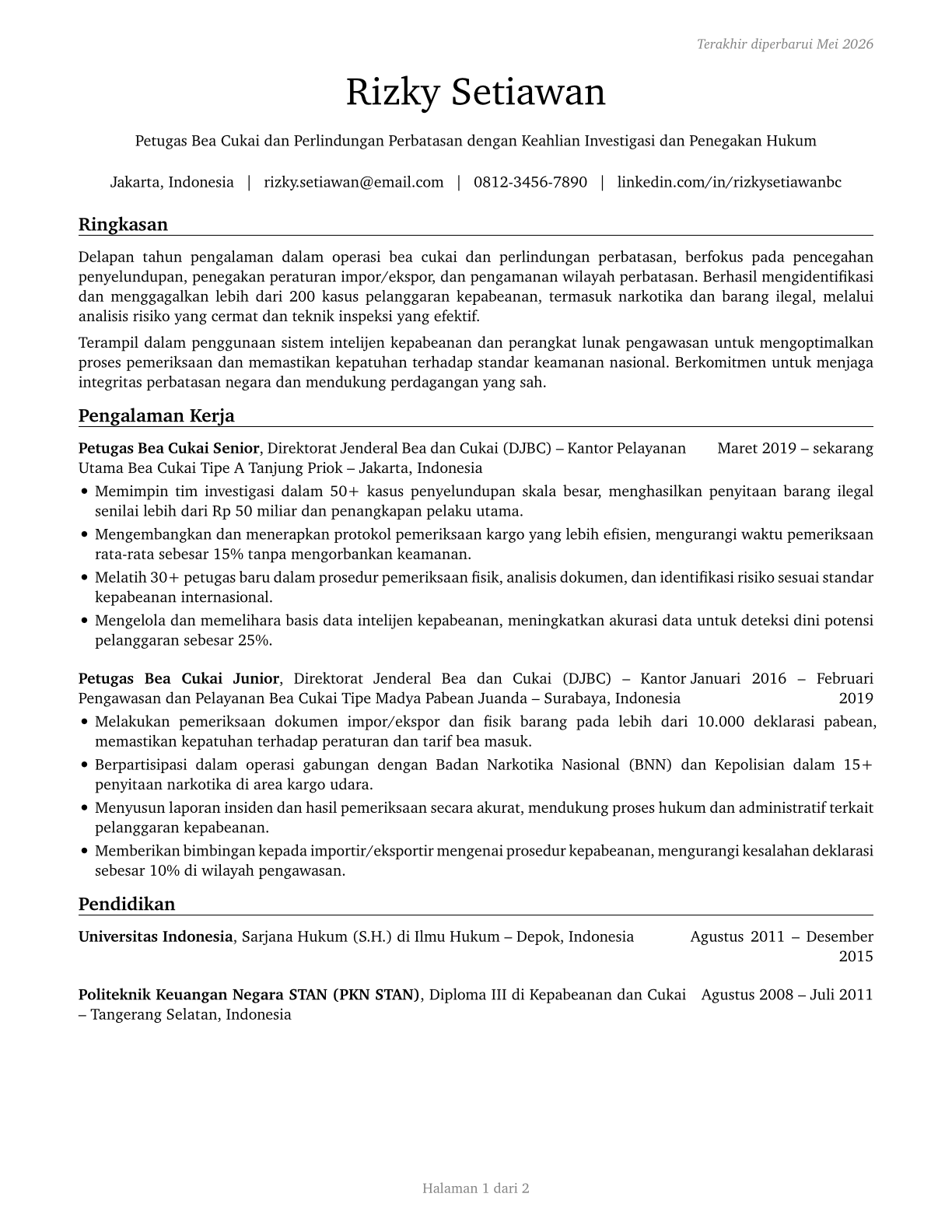 Customs and Border Protection Officers CV in Indonesian — page 1