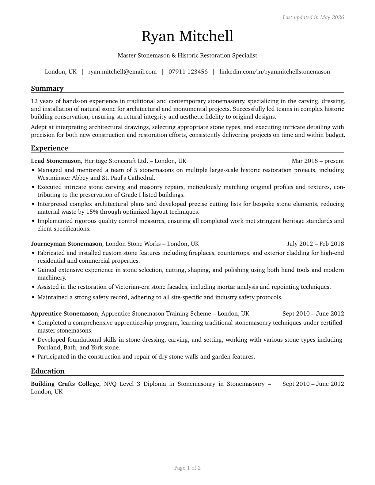 Stonemasons CV in English — page 1