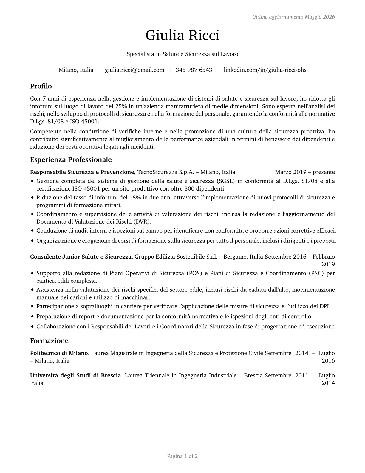 Occupational Health and Safety Specialists CV in Italian — page 1
