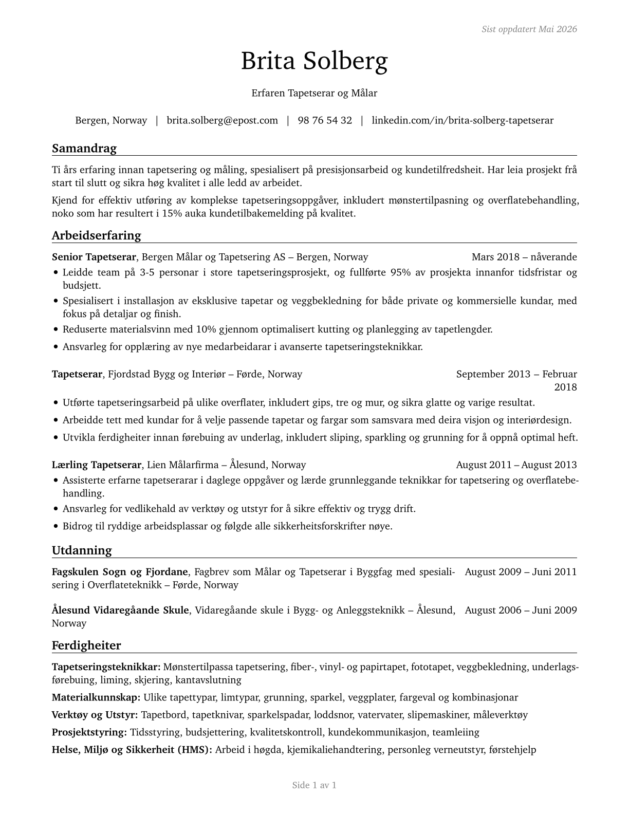 Paperhangers CV in Norwegian_nynorsk — page 1