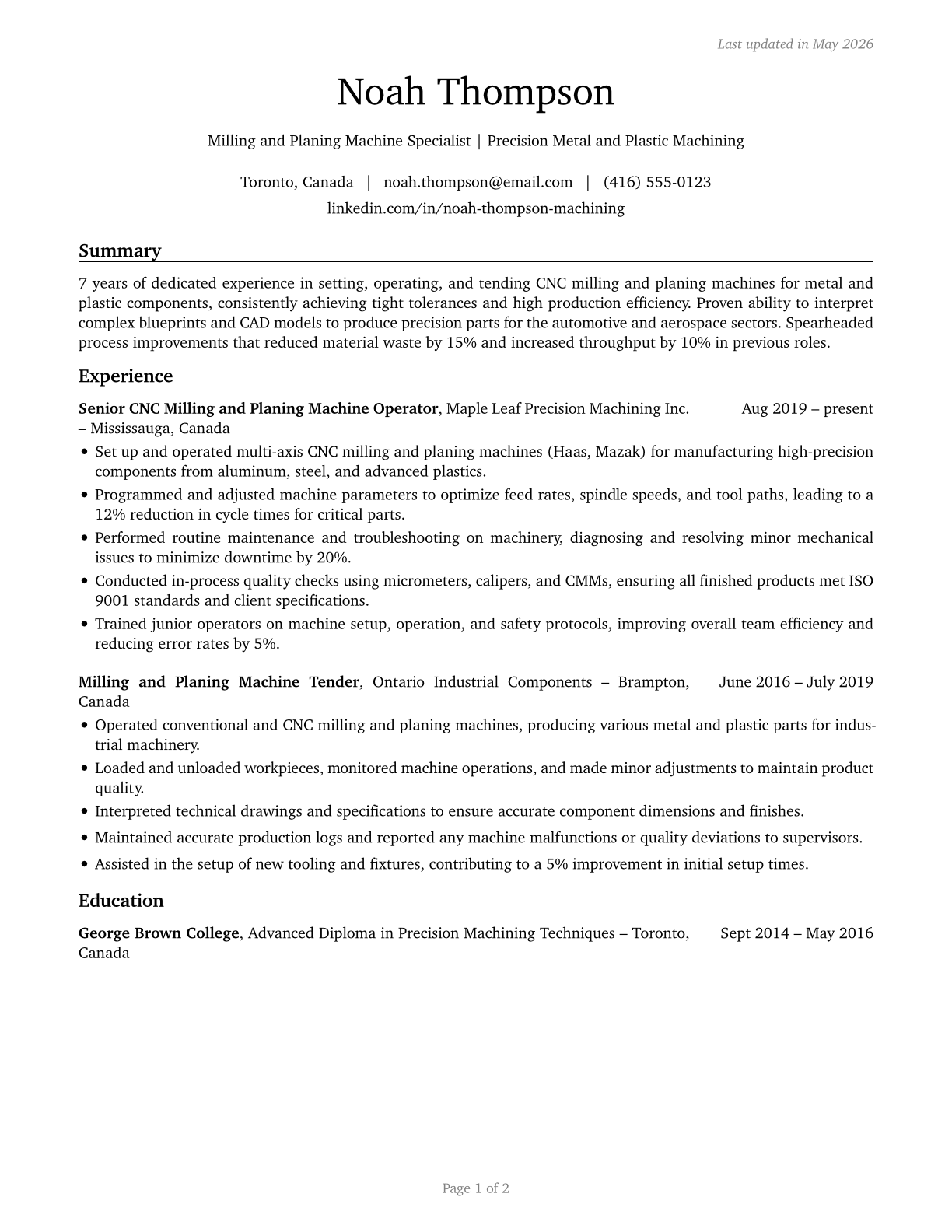 Milling and Planing Machine Setters, Operators, and Tenders, Metal and Plastic CV in English — page 1