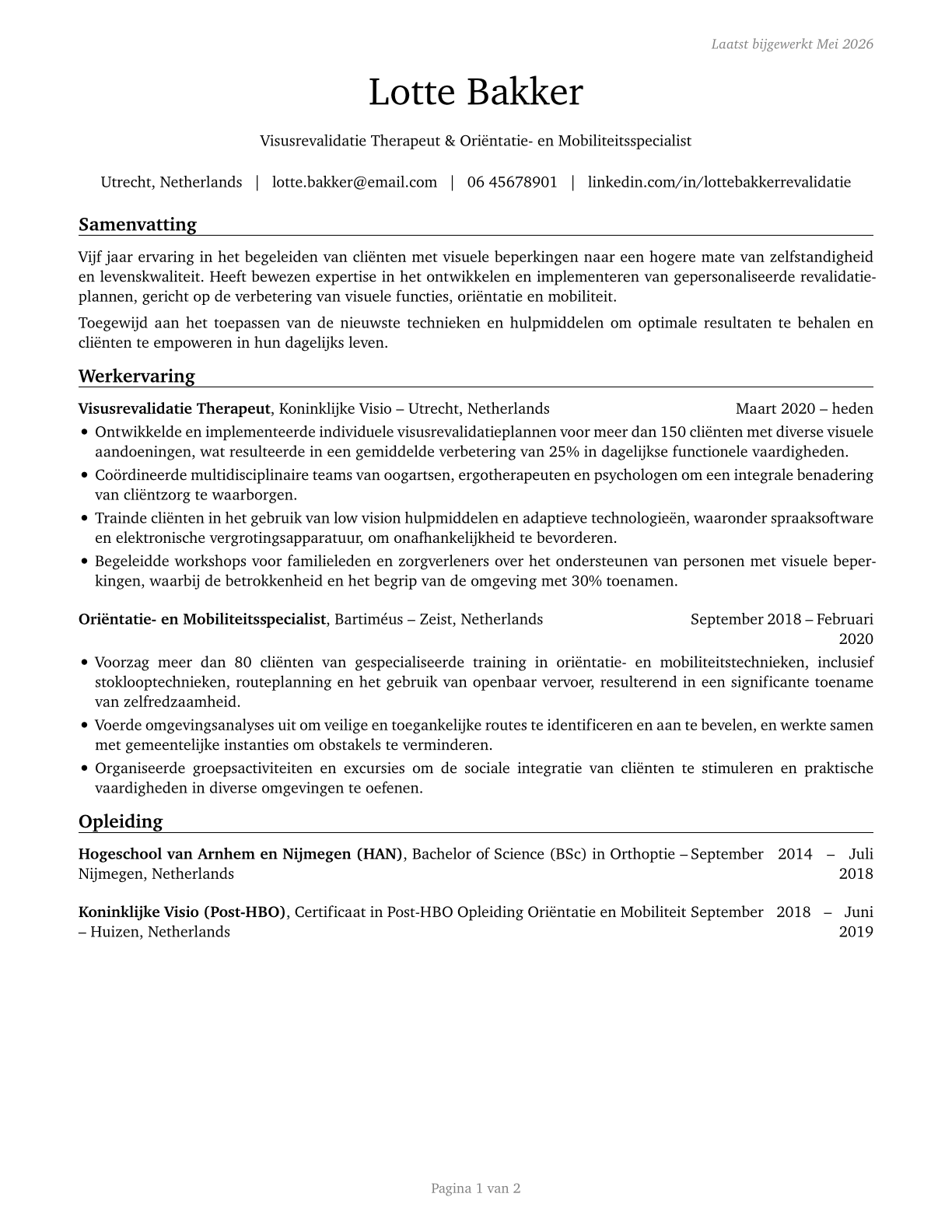 Low Vision Therapists, Orientation and Mobility Specialists, and Vision Rehabilitation Therapists CV in Dutch — page 1