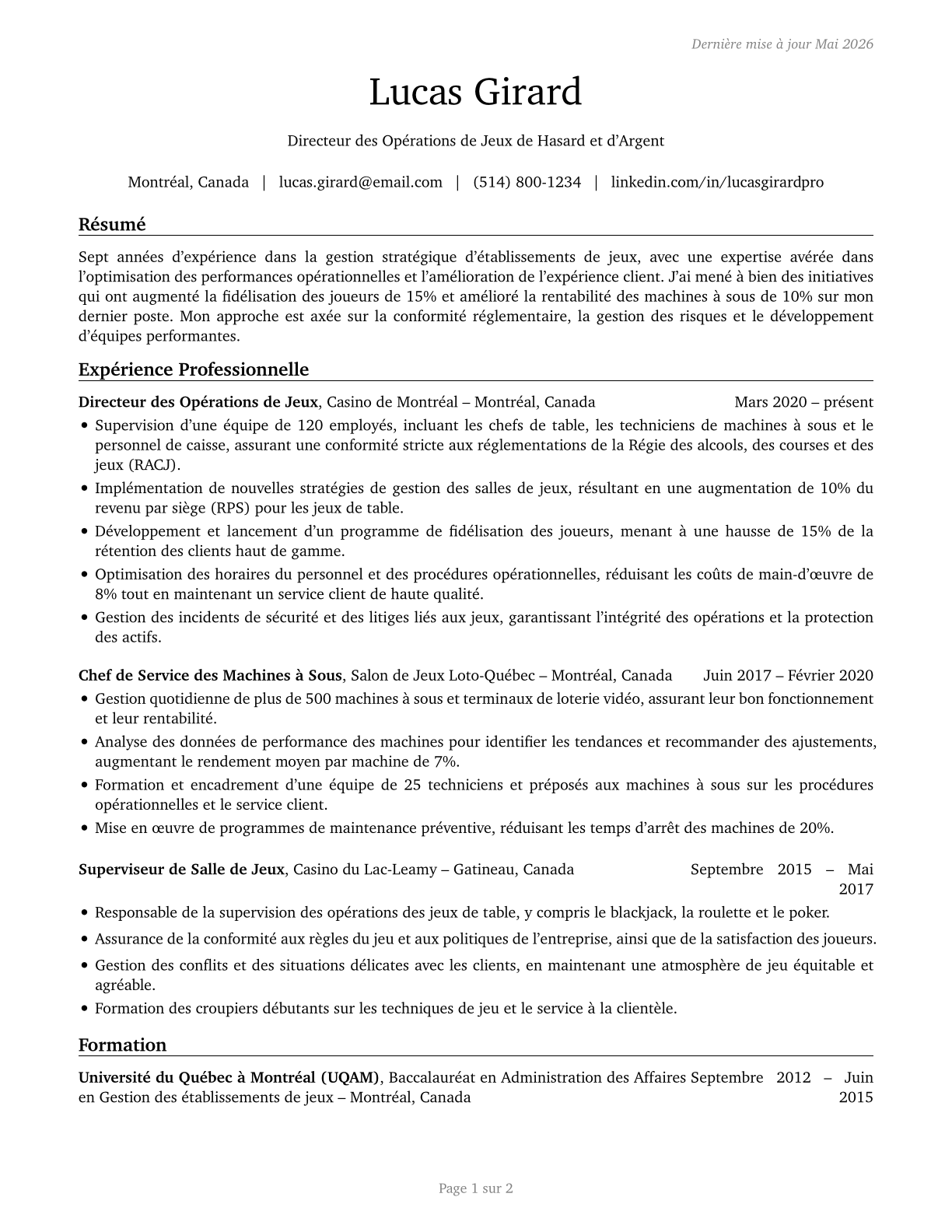 Gambling Managers CV in French — page 1