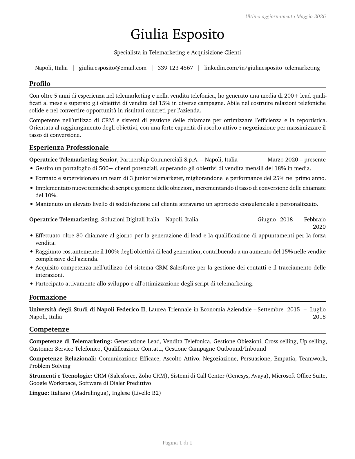 Telemarketers CV in Italian — page 1