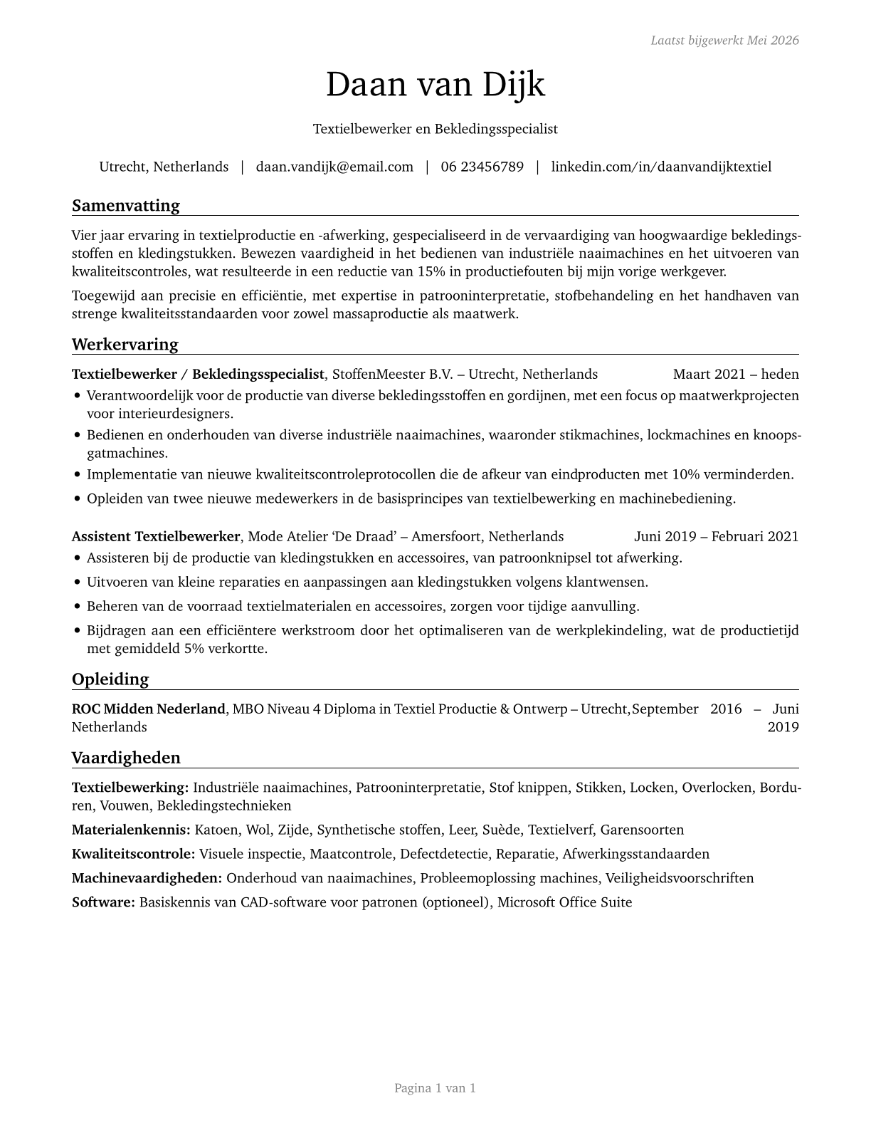 Textile, Apparel, and Furnishings Workers, All Other CV in Dutch — page 1