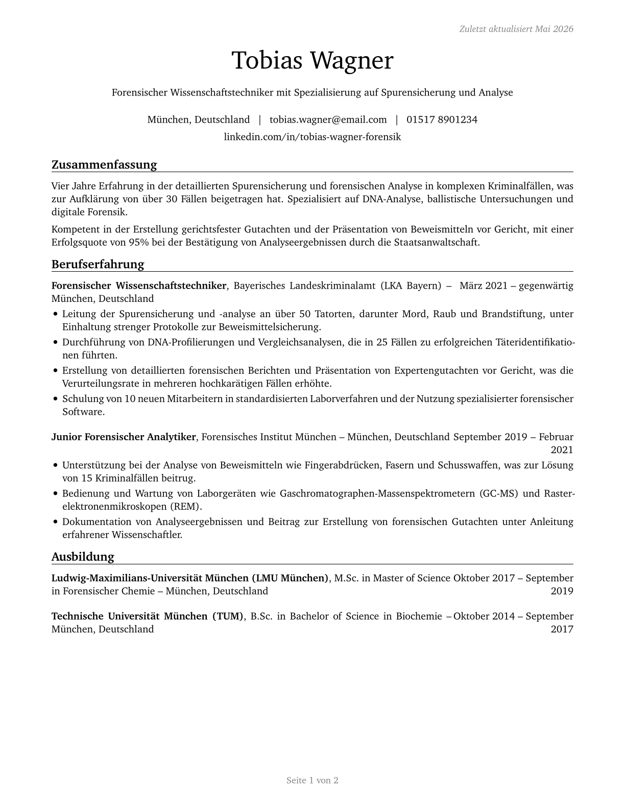 Forensic Science Technicians CV in German — page 1