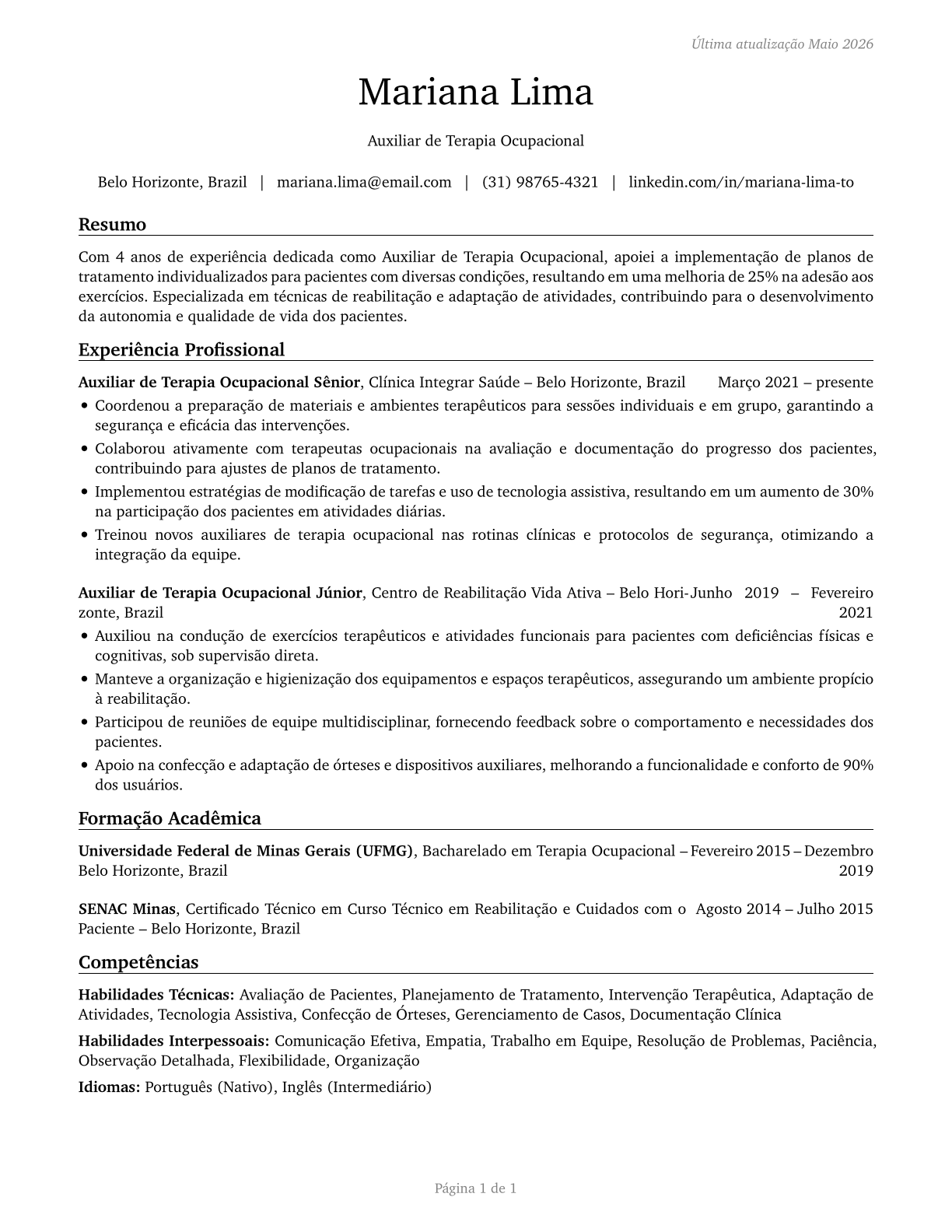 Occupational Therapy Aides CV in Portuguese — page 1
