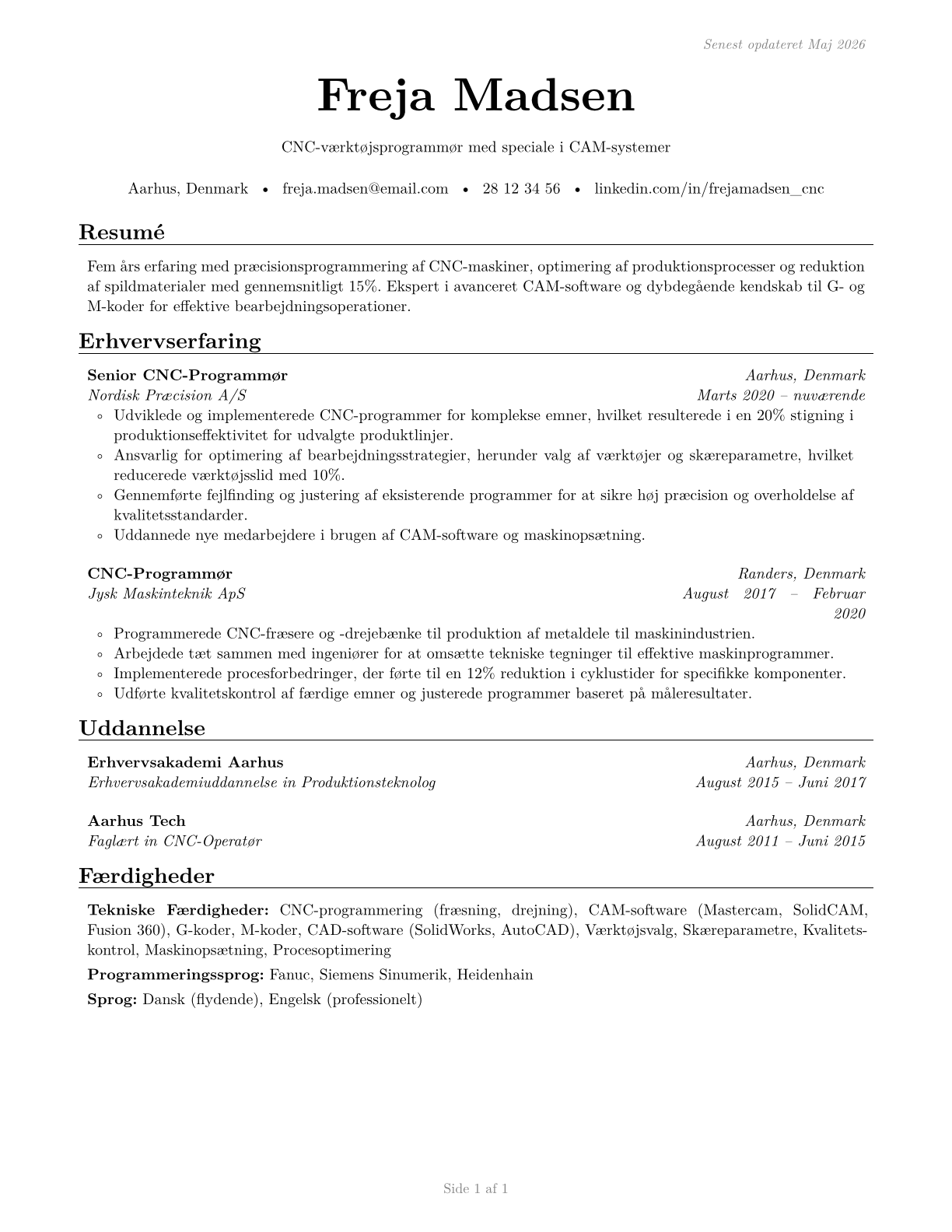 Computer Numerically Controlled Tool Programmers CV in Danish — page 1