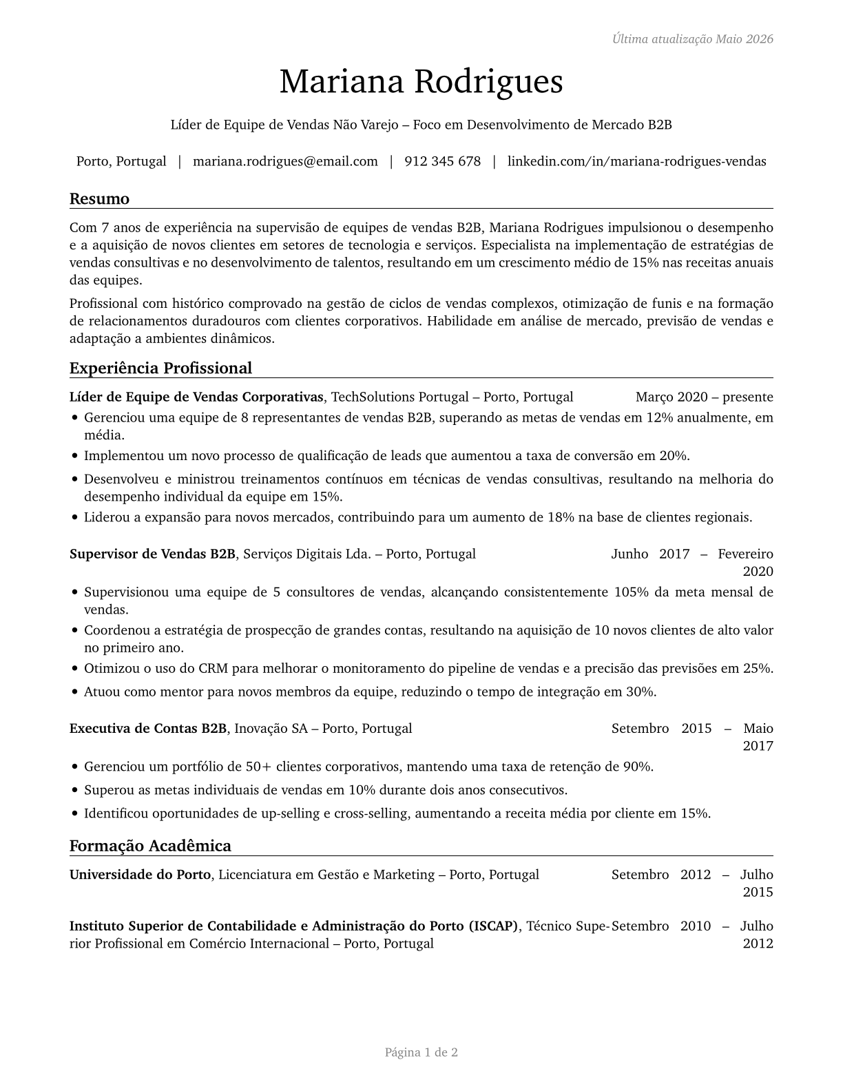 First-Line Supervisors of Non-Retail Sales Workers CV in Portuguese — page 1