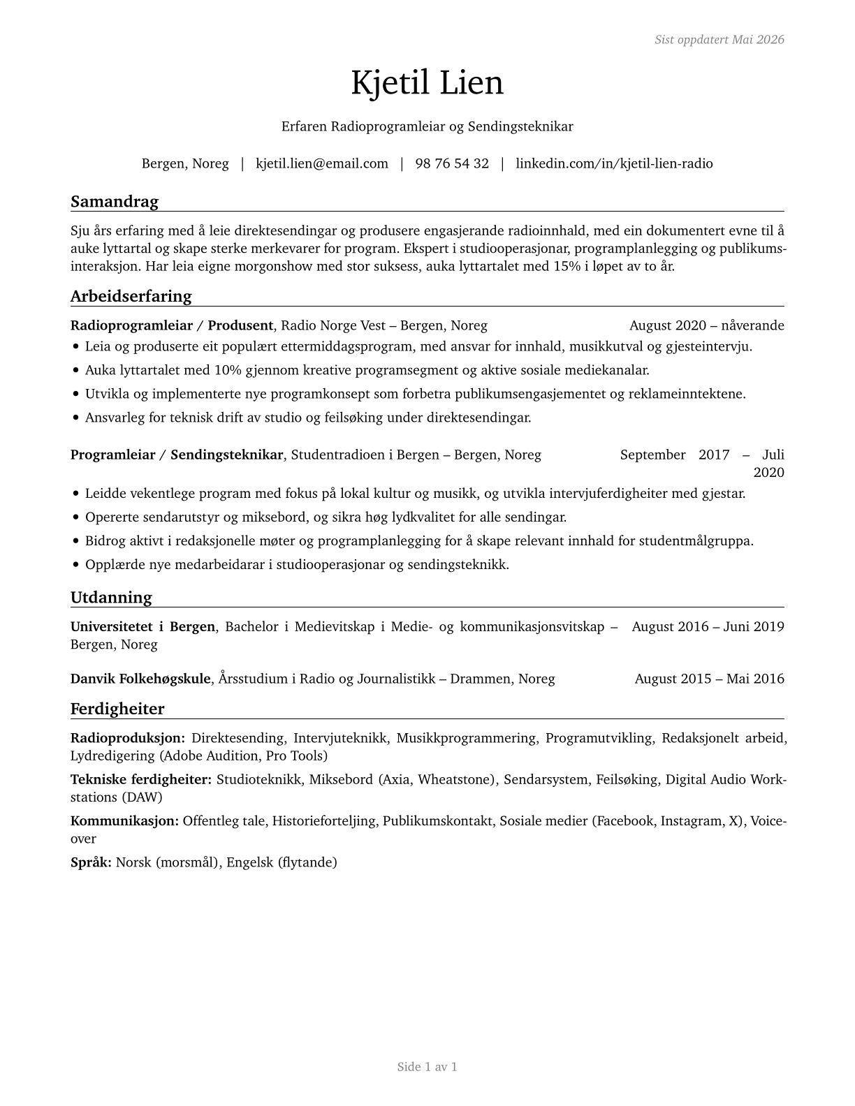 Broadcast Announcers and Radio Disc Jockeys CV in Norwegian_nynorsk — page 1