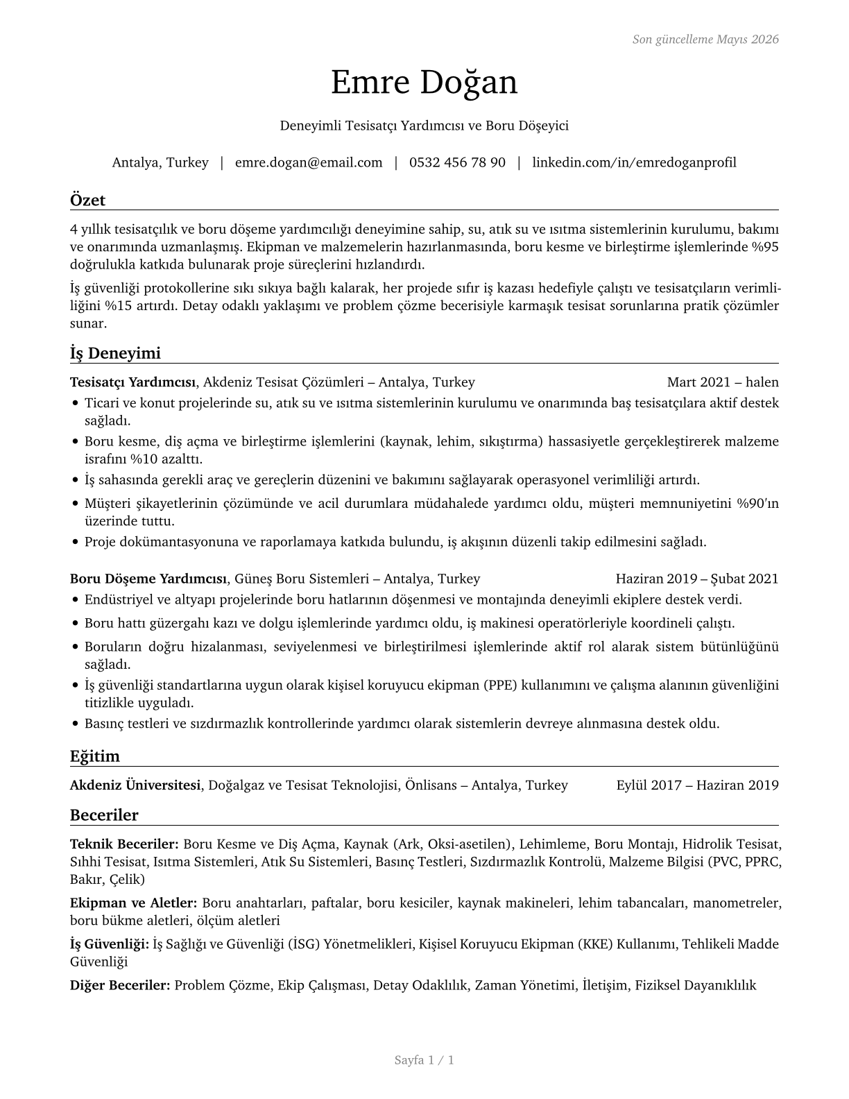 Helpers--Pipelayers, Plumbers, Pipefitters, and Steamfitters CV in Turkish — page 1