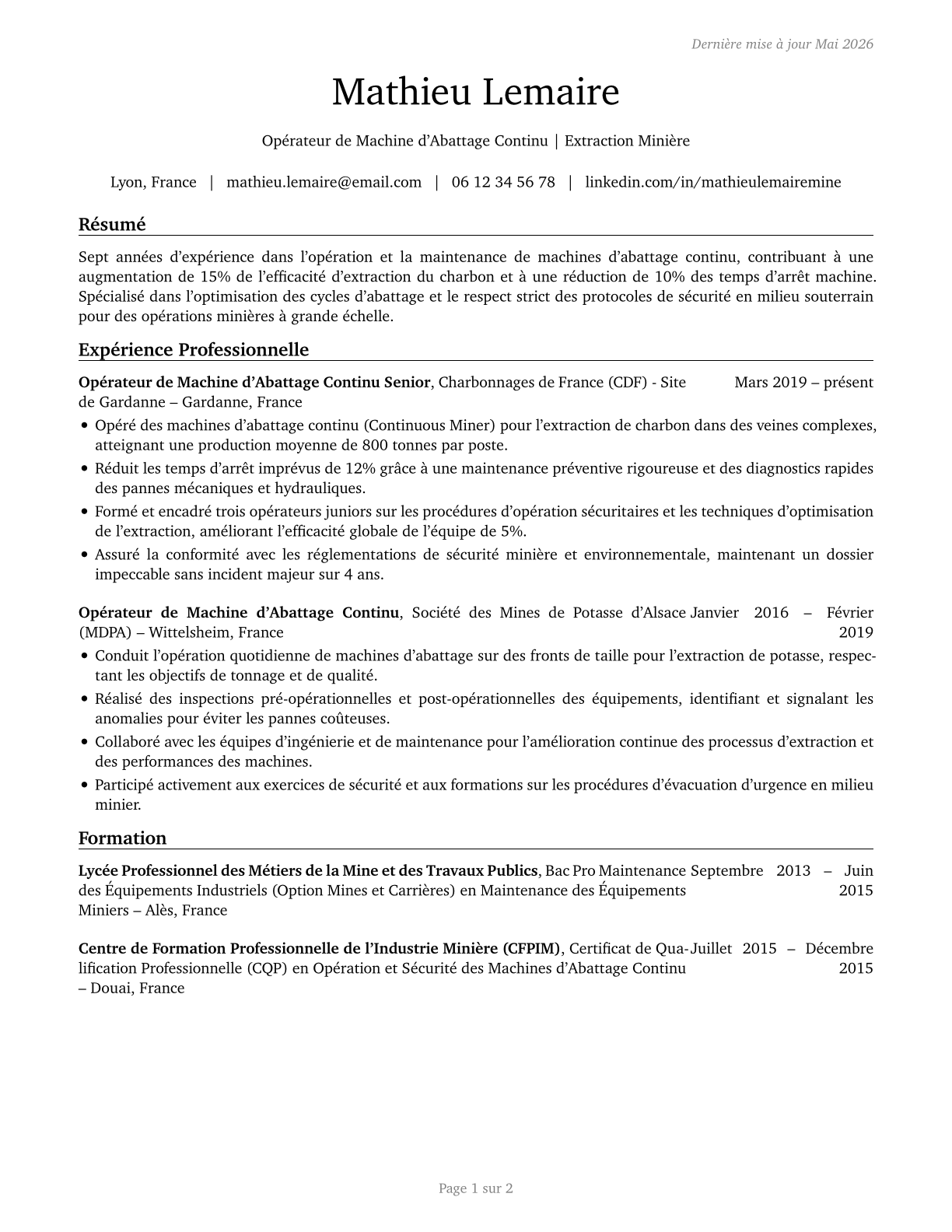 Continuous Mining Machine Operators CV in French — page 1