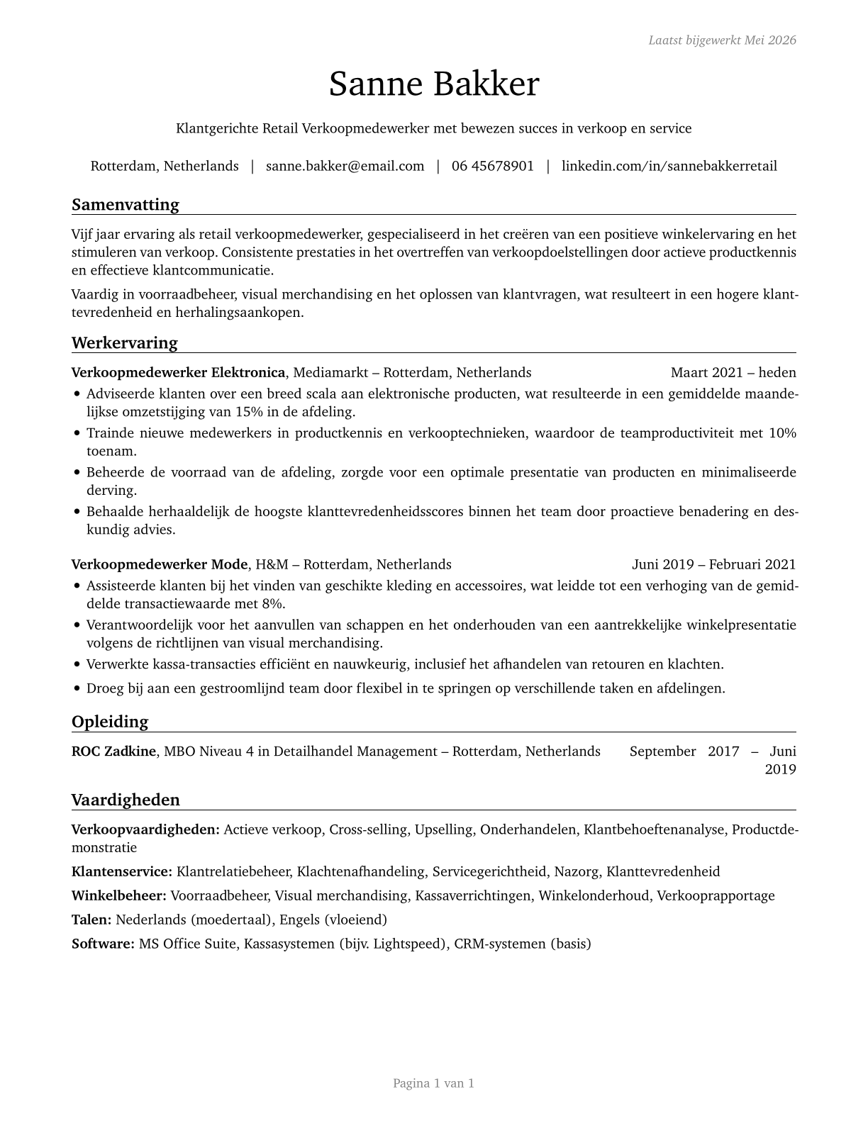 Retail Salespersons CV in Dutch — page 1