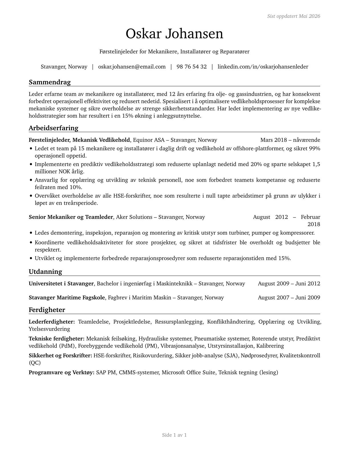 First-Line Supervisors of Mechanics, Installers, and Repairers CV in Norwegian_bokmal — page 1