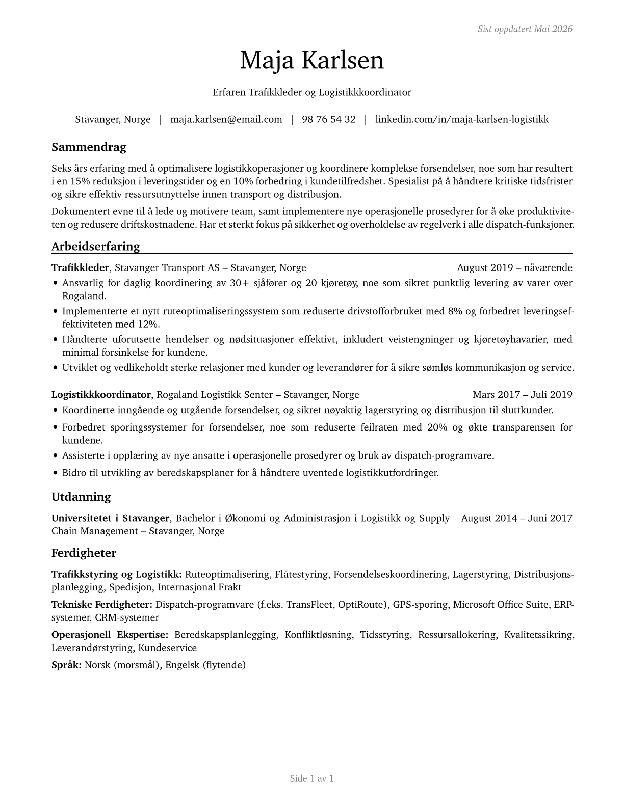 Dispatchers, Except Police, Fire, and Ambulance CV in Norwegian_bokmal — page 1