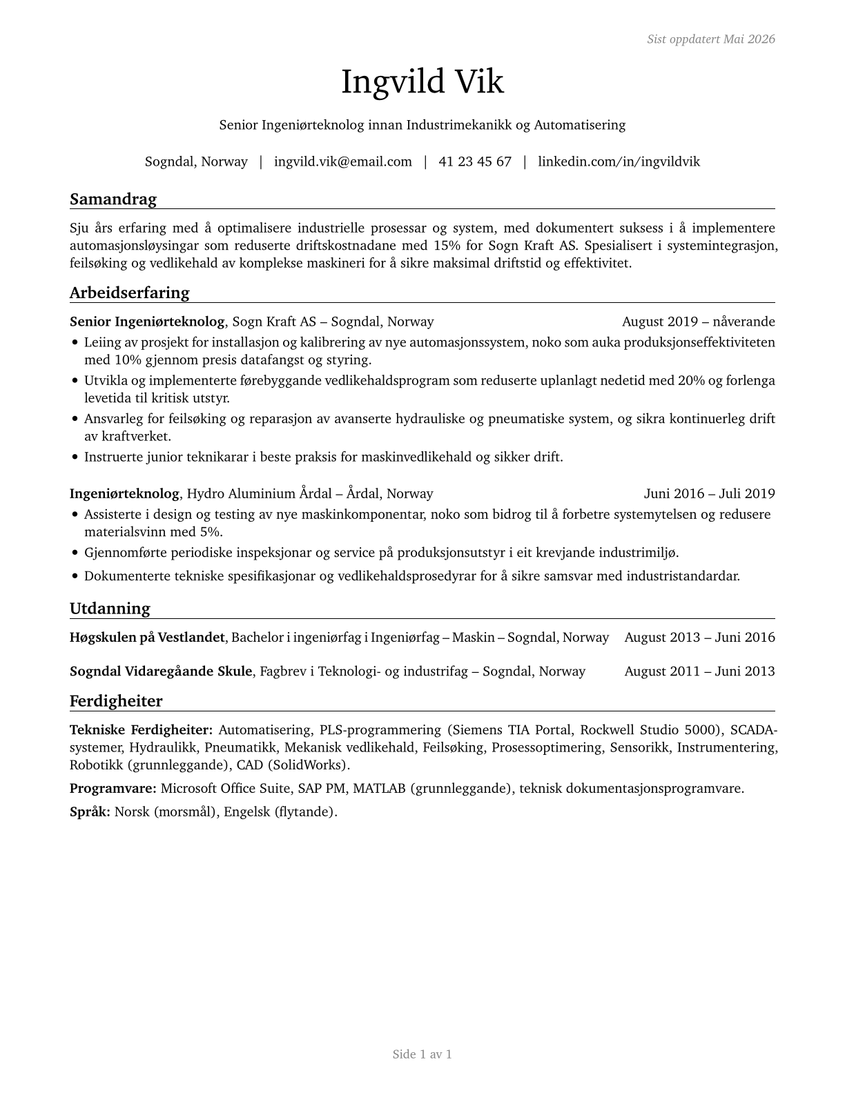 Engineering Technologists and Technicians, Except Drafters, All Other CV in Norwegian_nynorsk — page 1