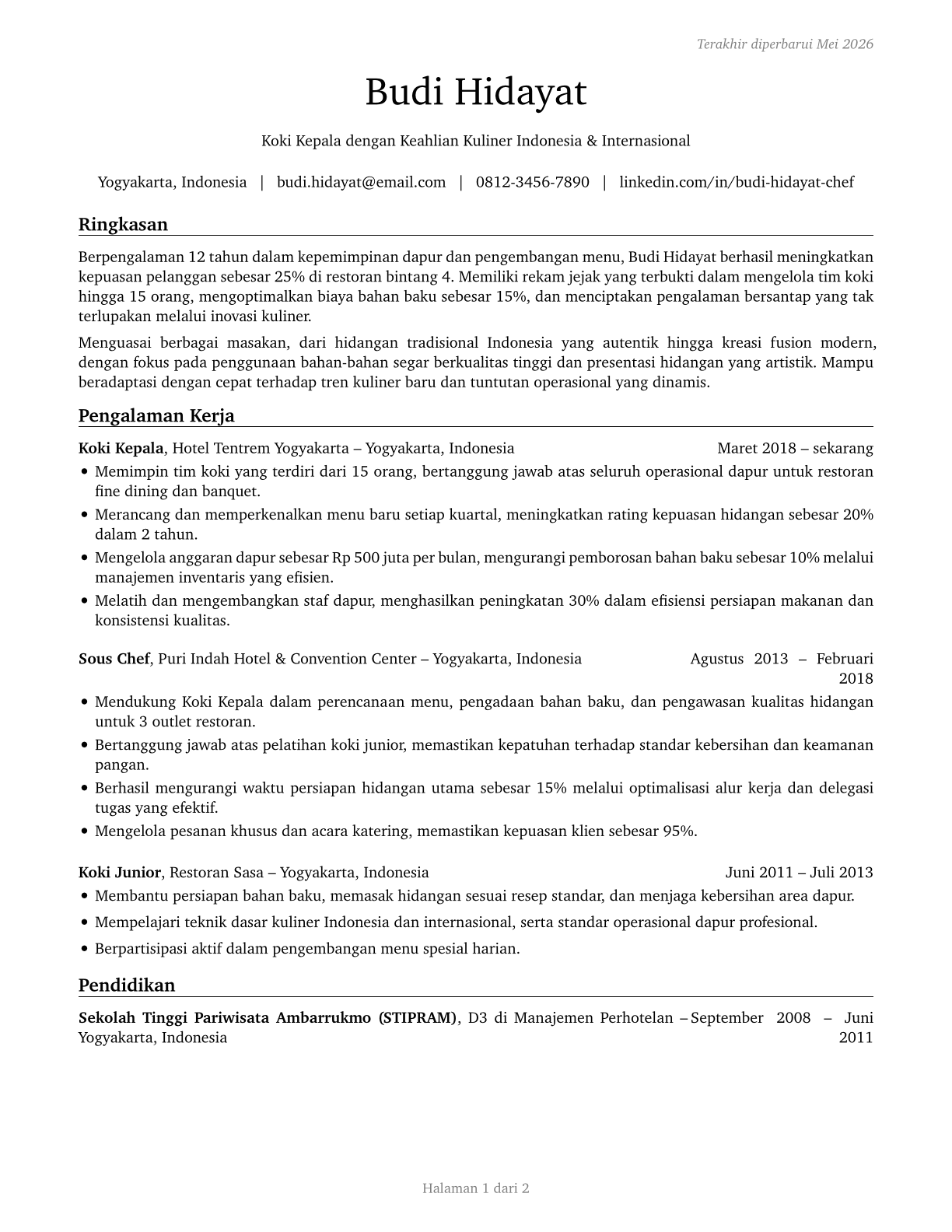 Chefs and Head Cooks CV in Indonesian — page 1