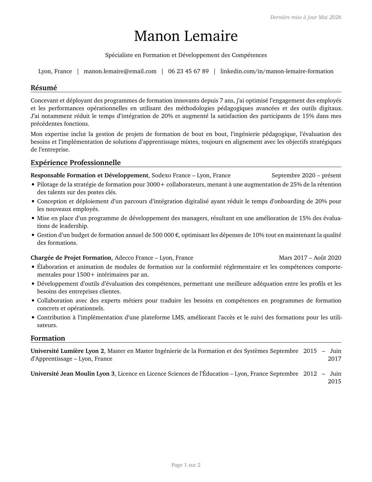 Training and Development Specialists CV in French — page 1