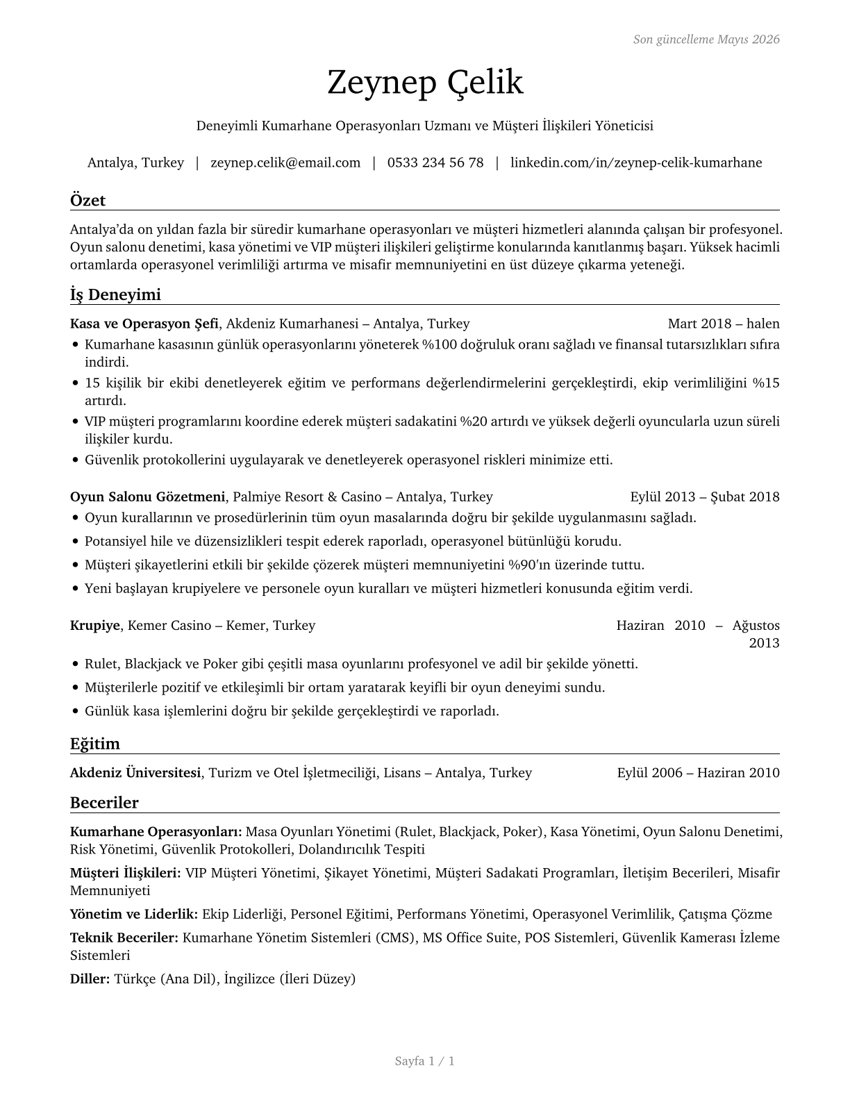 Gambling Service Workers, All Other CV in Turkish — page 1