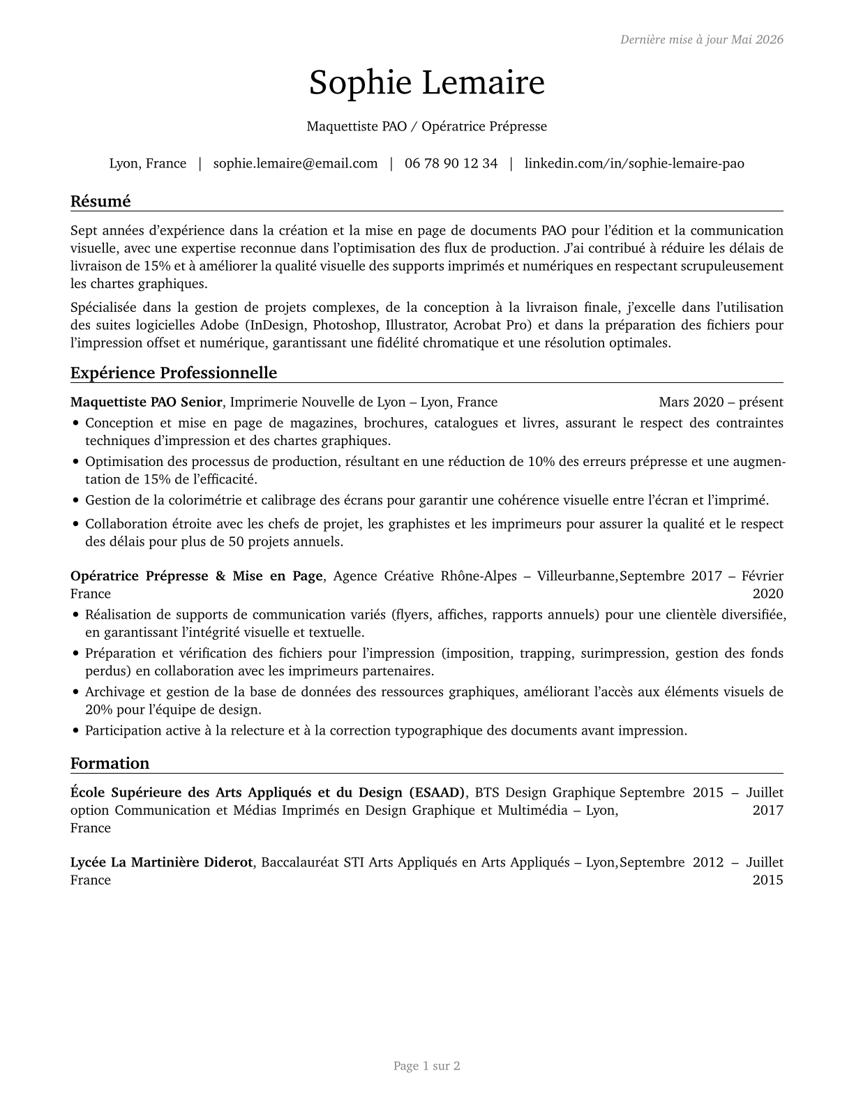 Desktop Publishers CV in French — page 1