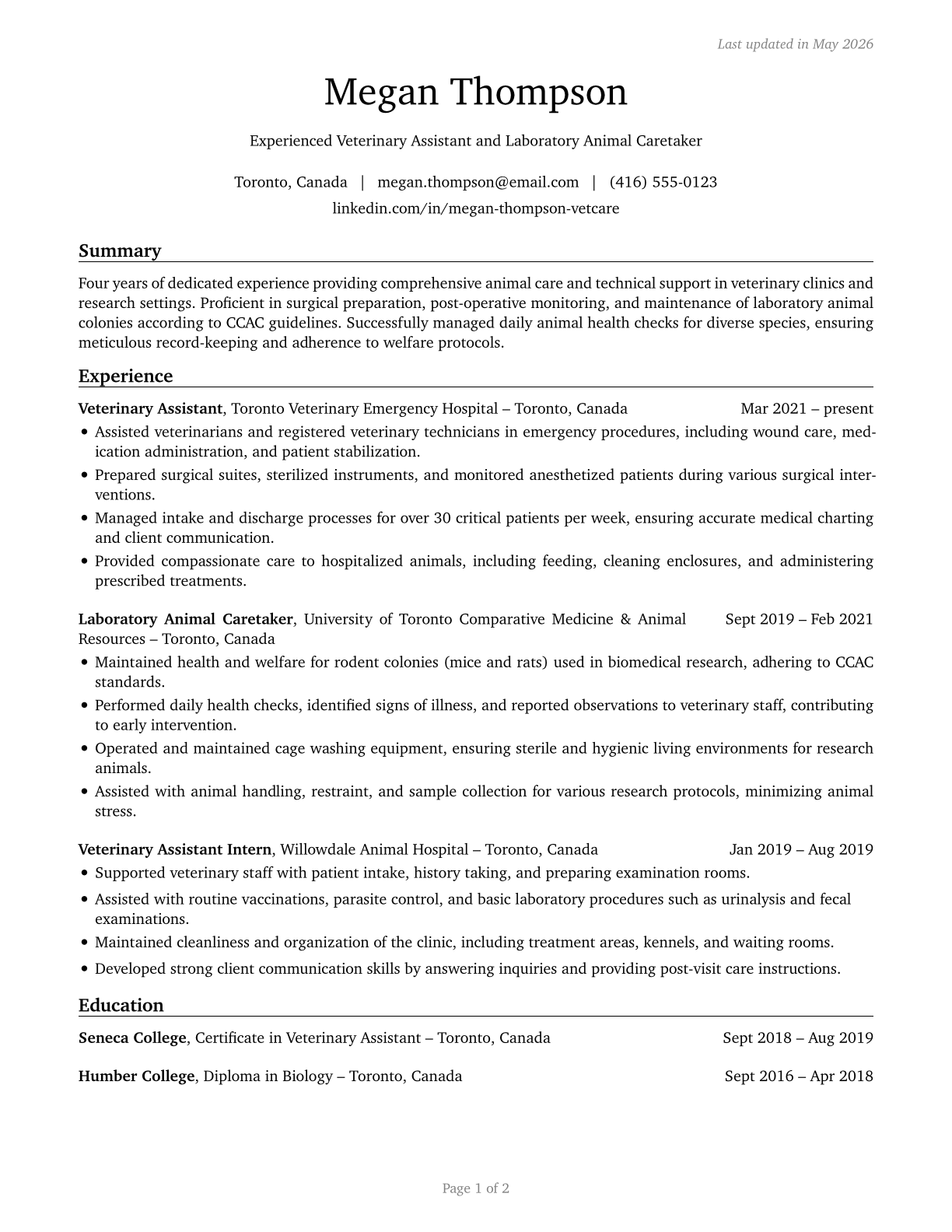 Veterinary Assistants and Laboratory Animal Caretakers CV in English — page 1