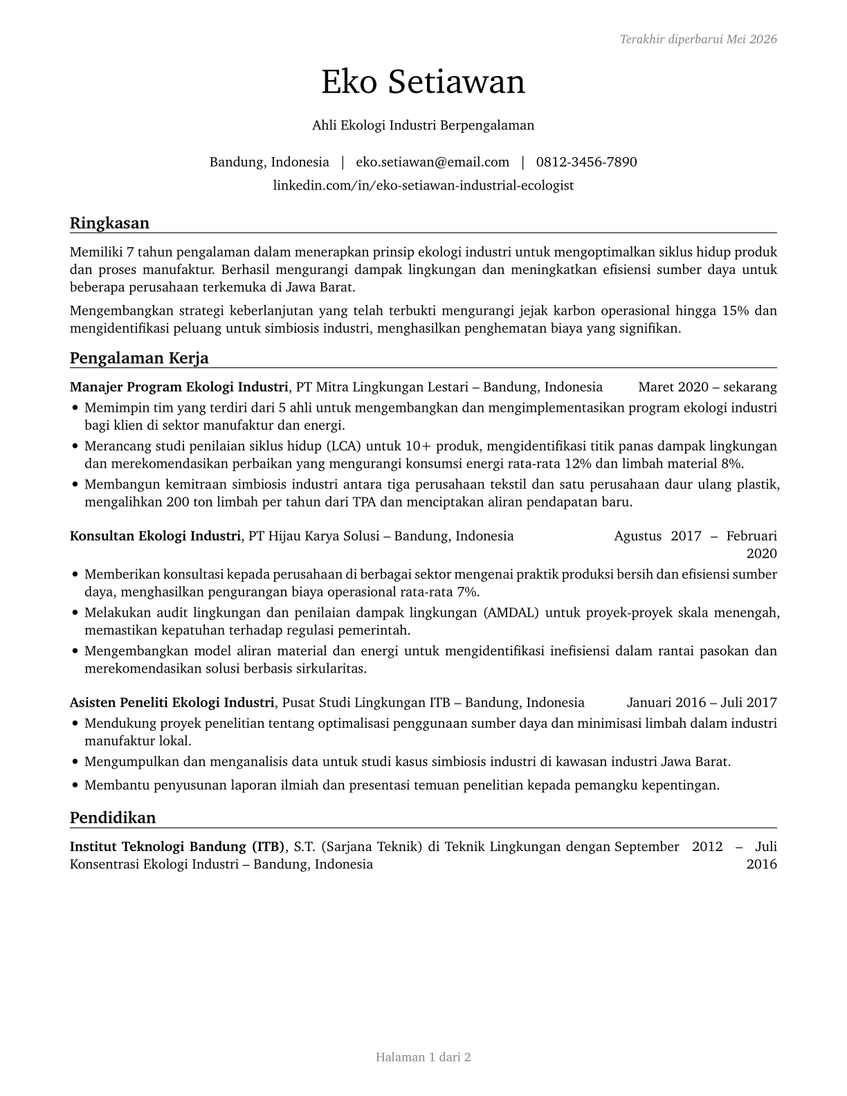 Industrial Ecologists CV in Indonesian — page 1