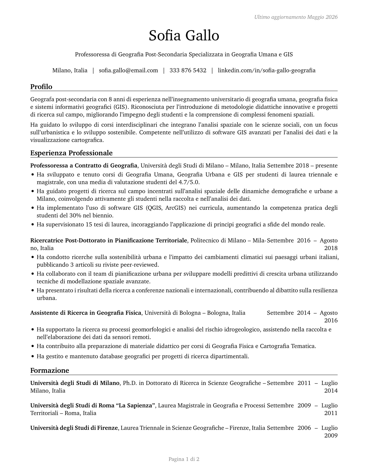 Geography Teachers, Postsecondary CV in Italian — page 1