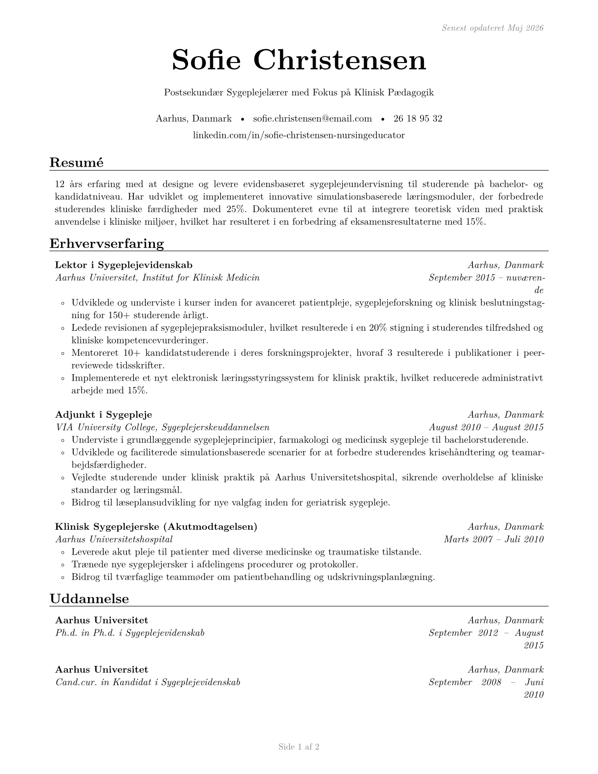 Nursing Instructors and Teachers, Postsecondary CV in Danish — page 1