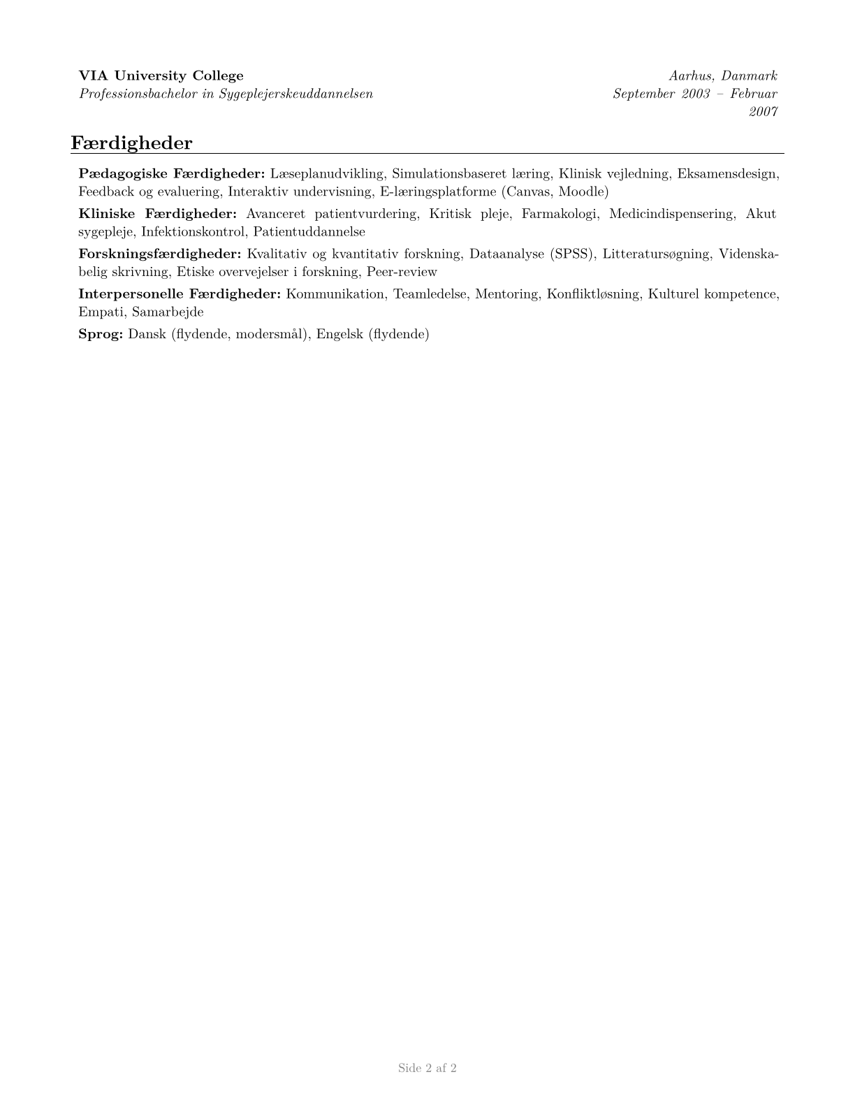 Nursing Instructors and Teachers, Postsecondary CV in Danish — page 2