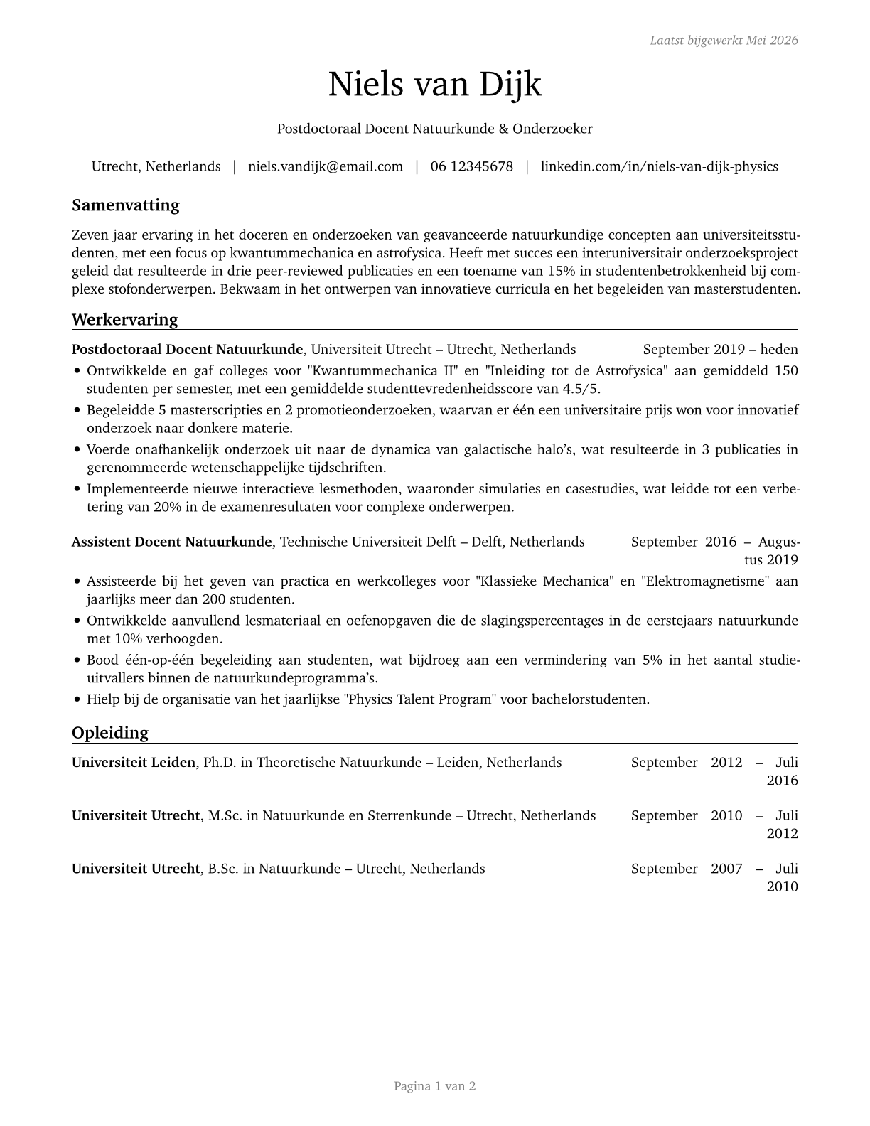 Physics Teachers, Postsecondary CV in Dutch — page 1