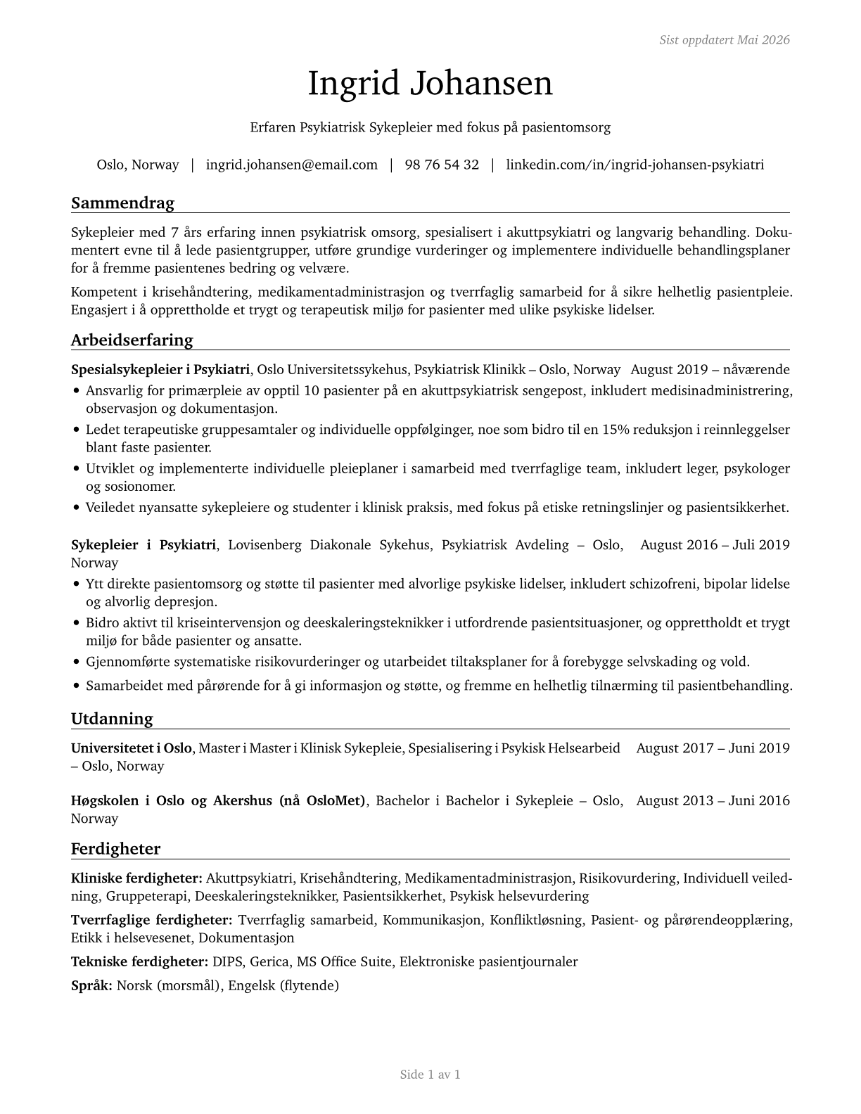 Psychiatric Technicians CV in Norwegian_bokmal — page 1