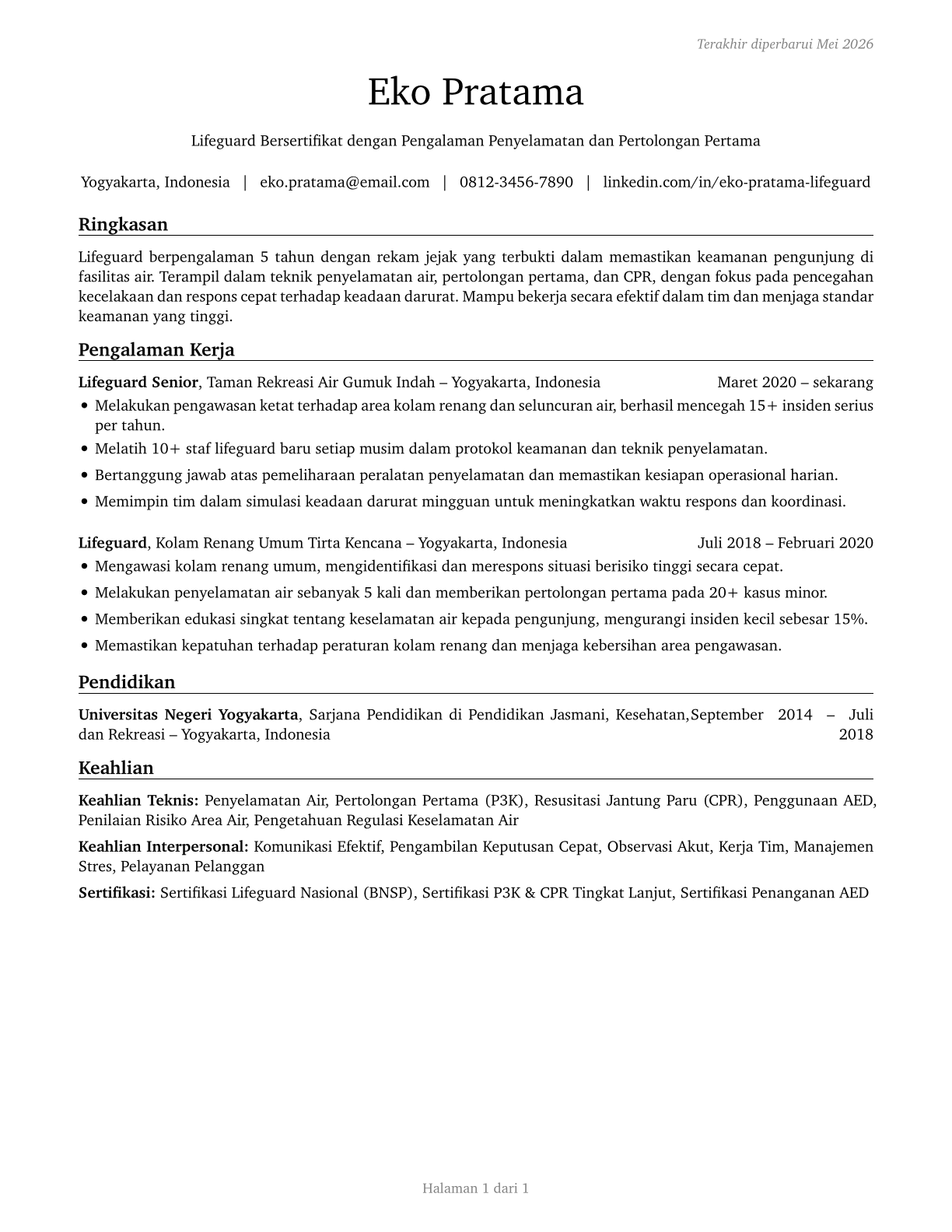 Lifeguards, Ski Patrol, and Other Recreational Protective Service Workers CV in Indonesian — page 1