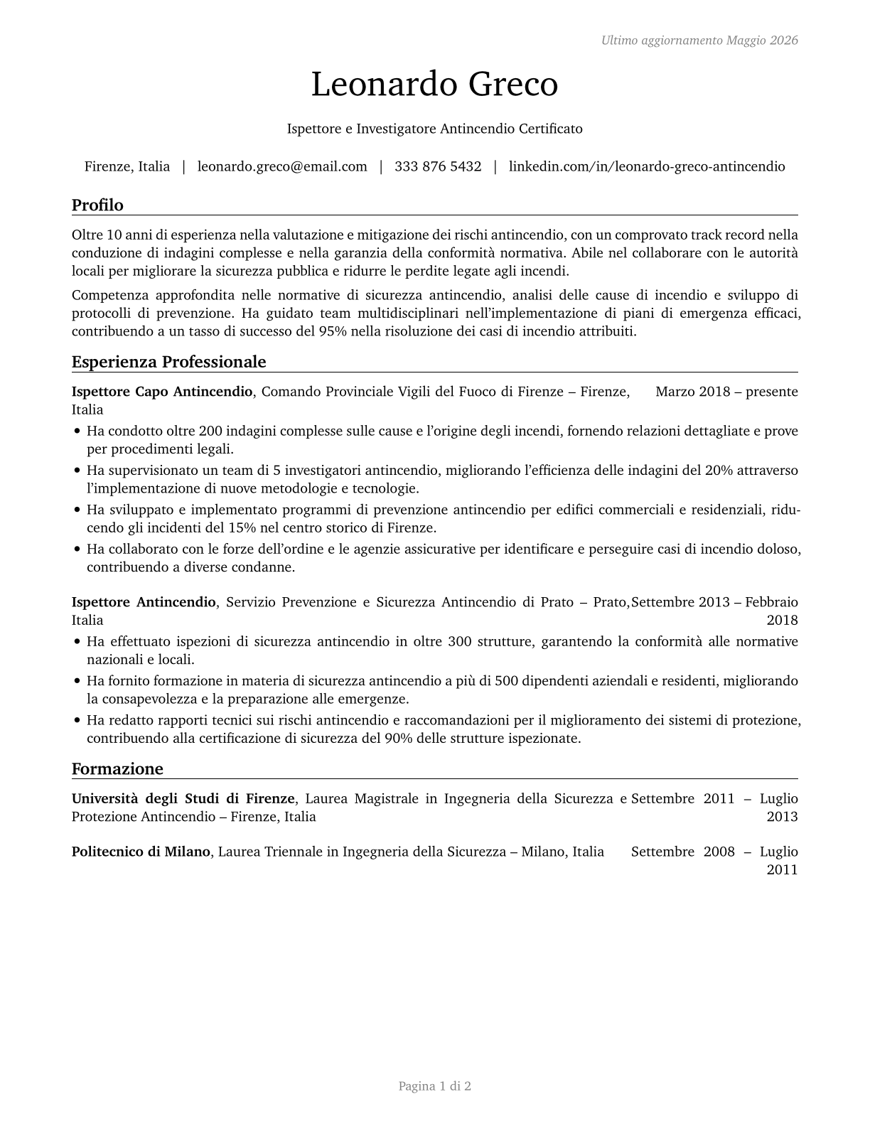 Fire Inspectors and Investigators CV in Italian — page 1
