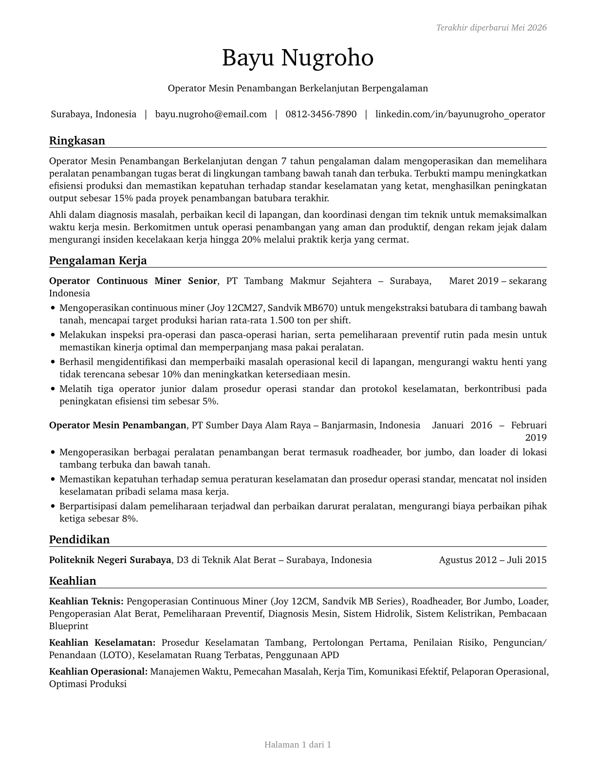 Continuous Mining Machine Operators CV in Indonesian — page 1