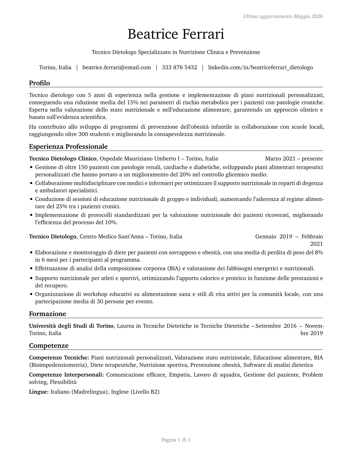 Dietetic Technicians CV in Italian — page 1