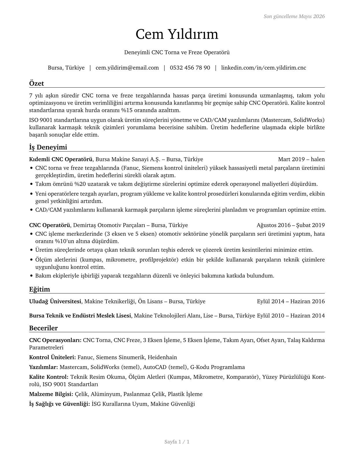 Computer Numerically Controlled Tool Operators CV in Turkish — page 1