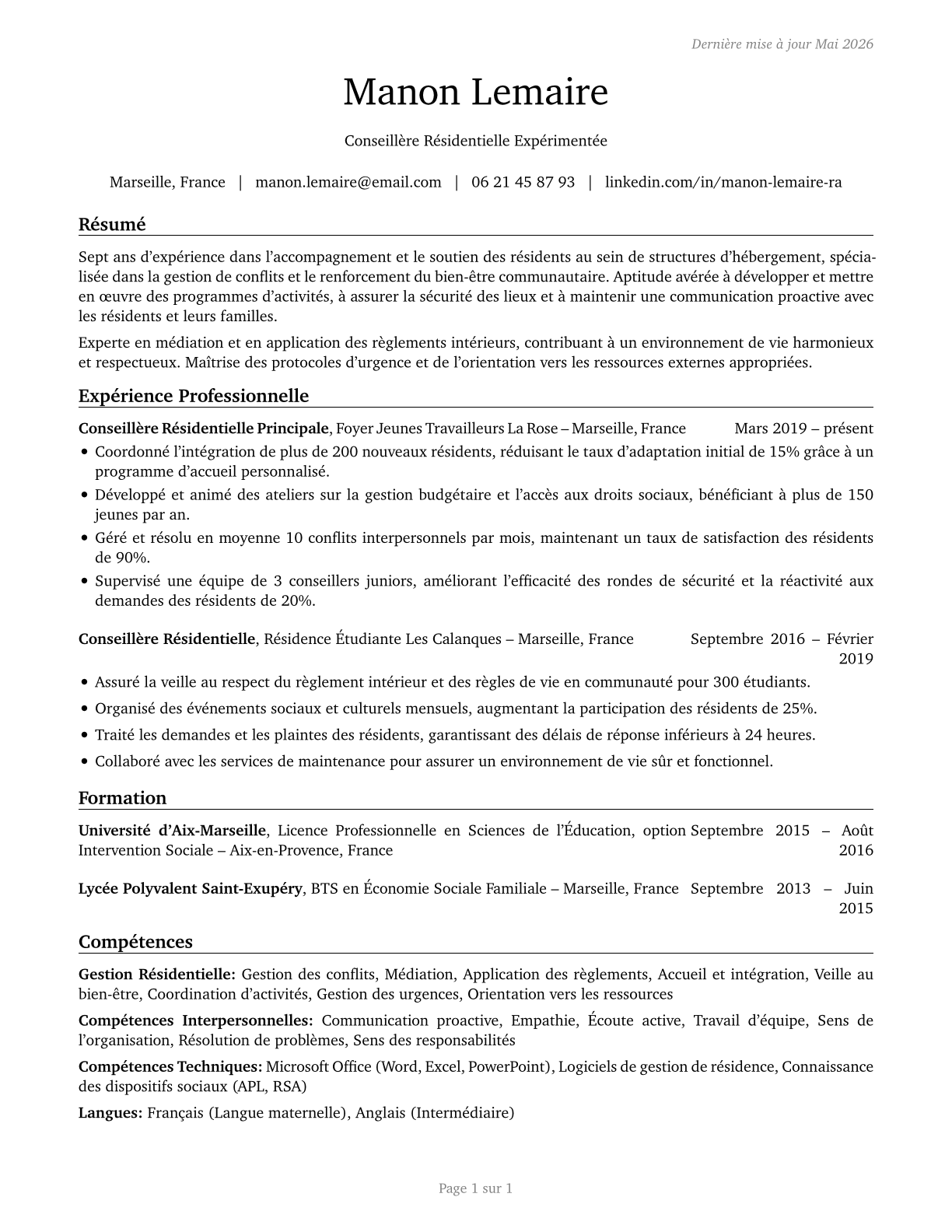 Residential Advisors CV in French — page 1