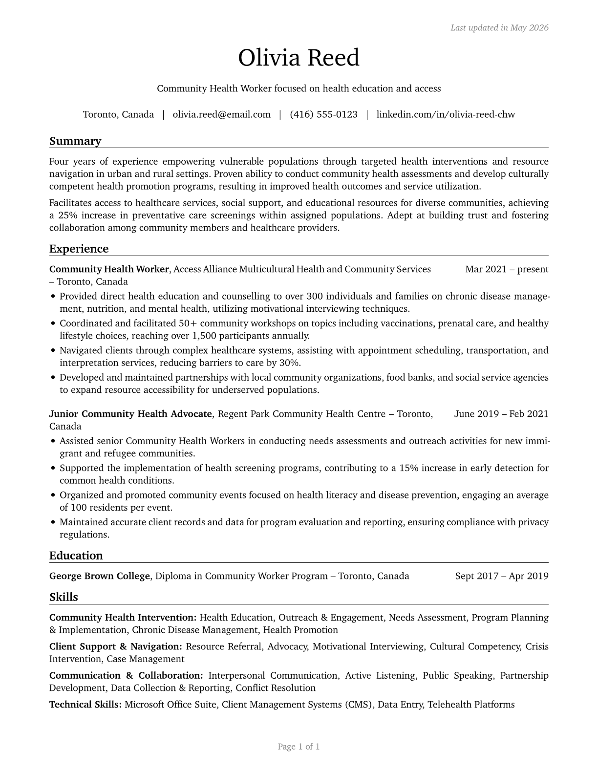 Community Health Workers CV in English — page 1