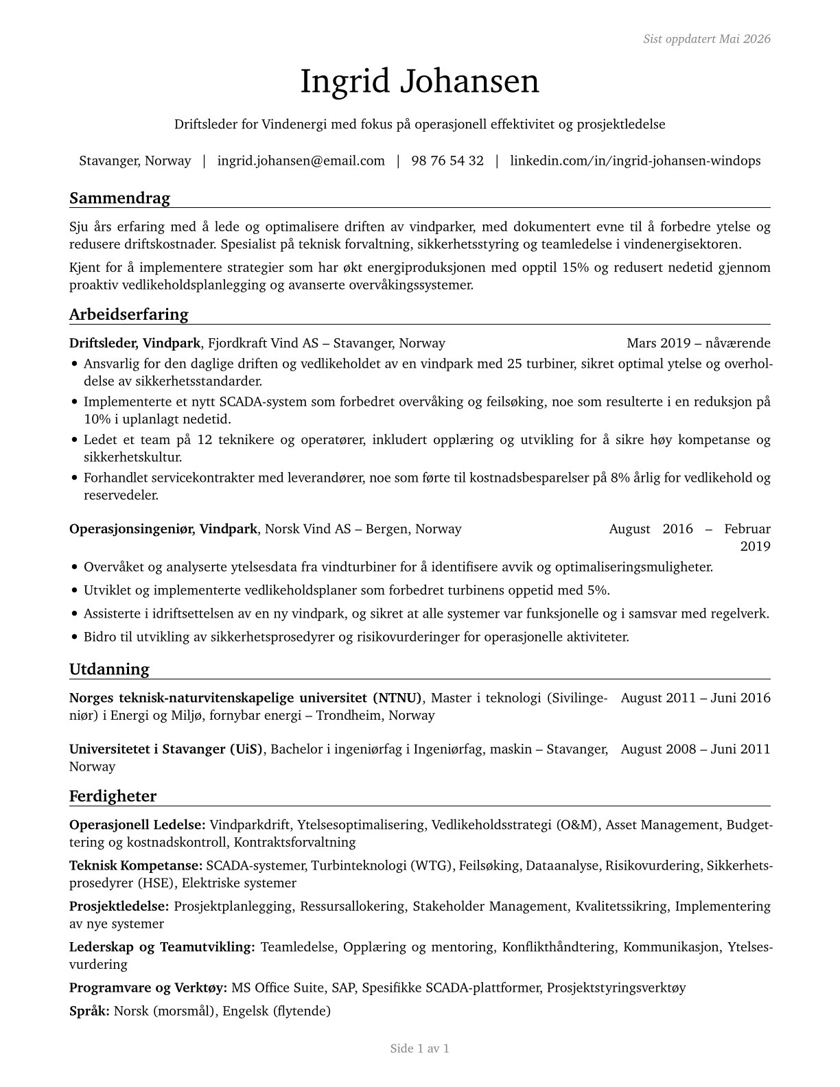 Wind Energy Operations Managers CV in Norwegian_bokmal — page 1