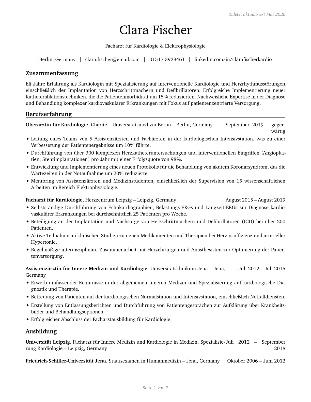 Cardiologists CV in German — page 1