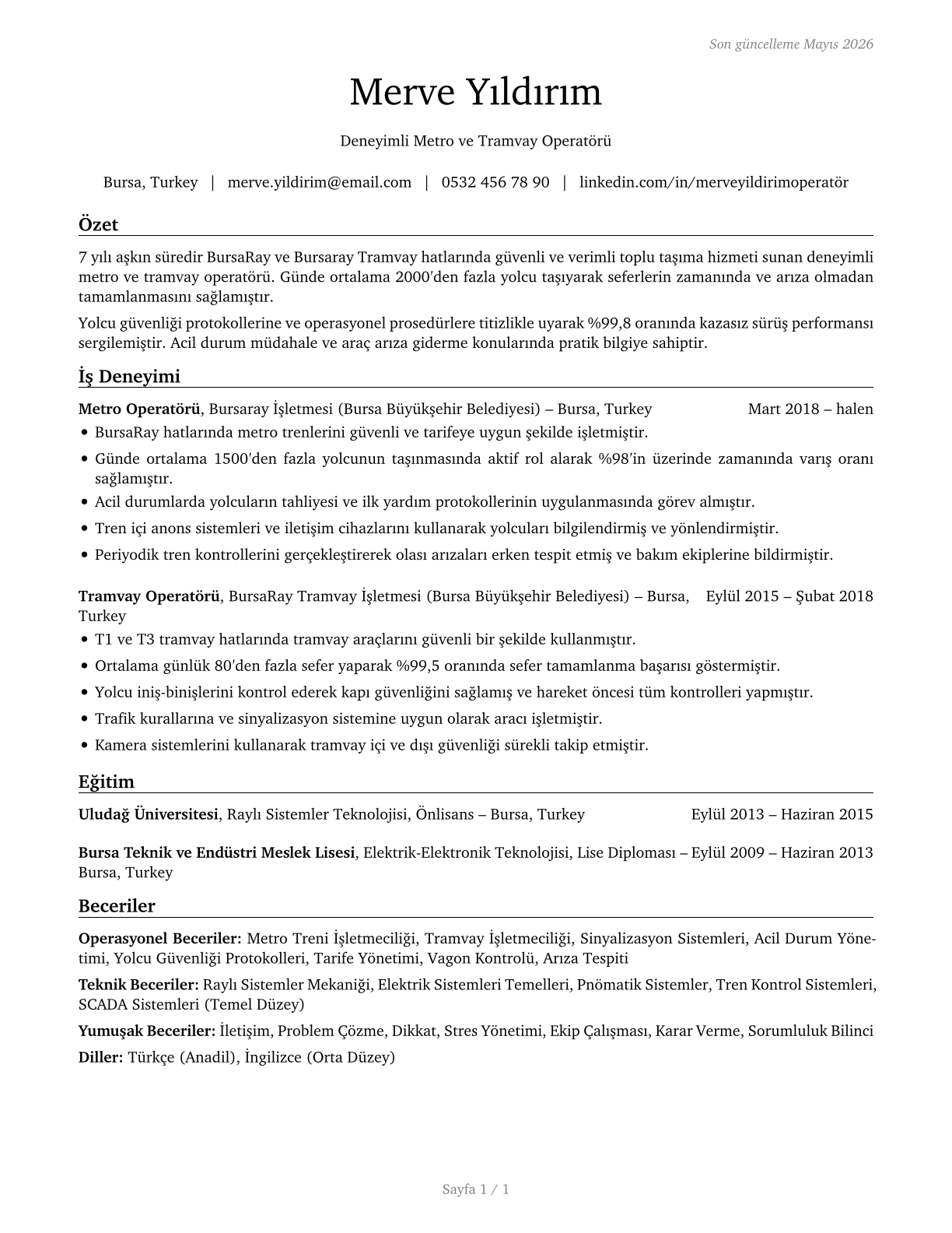 Subway and Streetcar Operators CV in Turkish — page 1