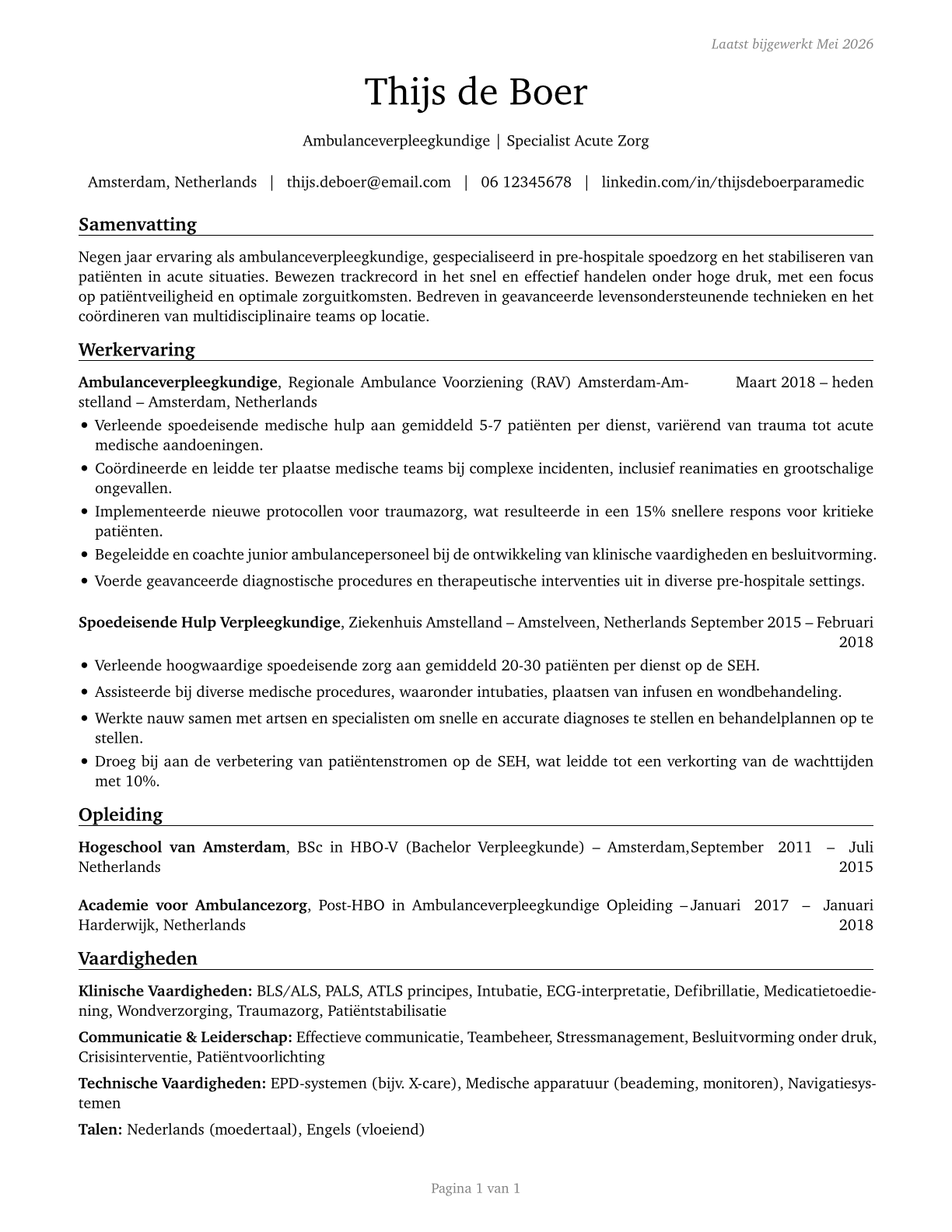Paramedics CV in Dutch — page 1