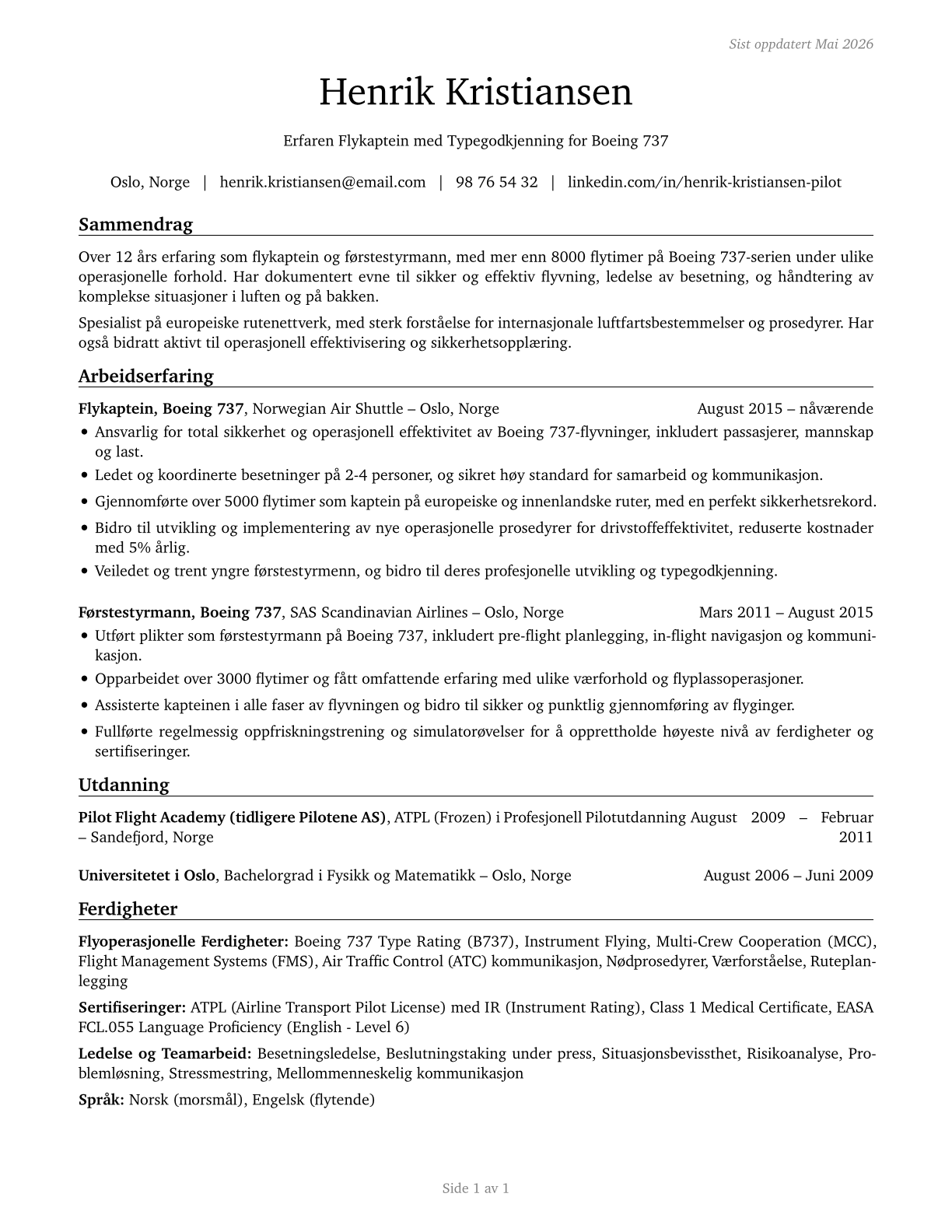 Airline Pilots, Copilots, and Flight Engineers CV in Norwegian_bokmal — page 1