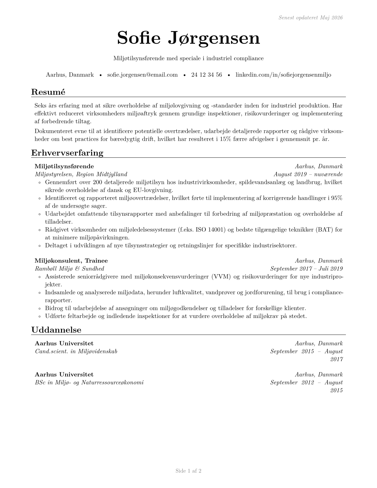 Environmental Compliance Inspectors CV in Danish — page 1