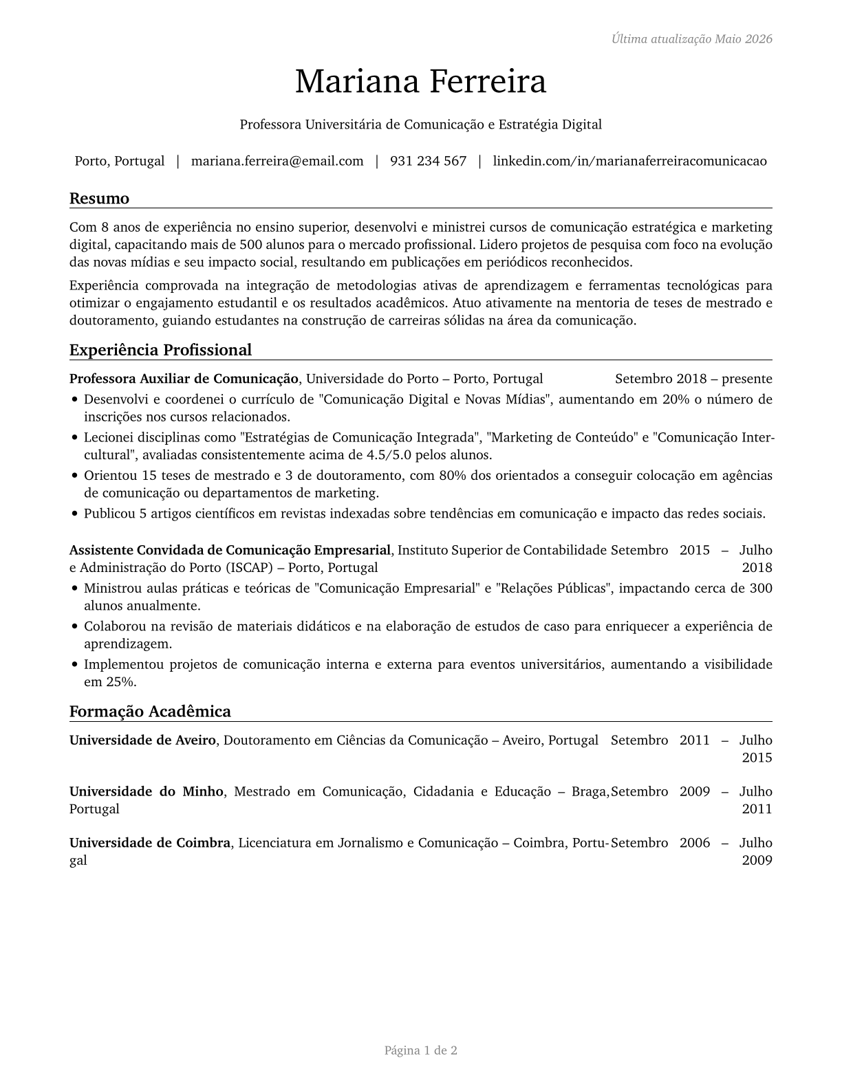 Communications Teachers, Postsecondary CV in Portuguese — page 1