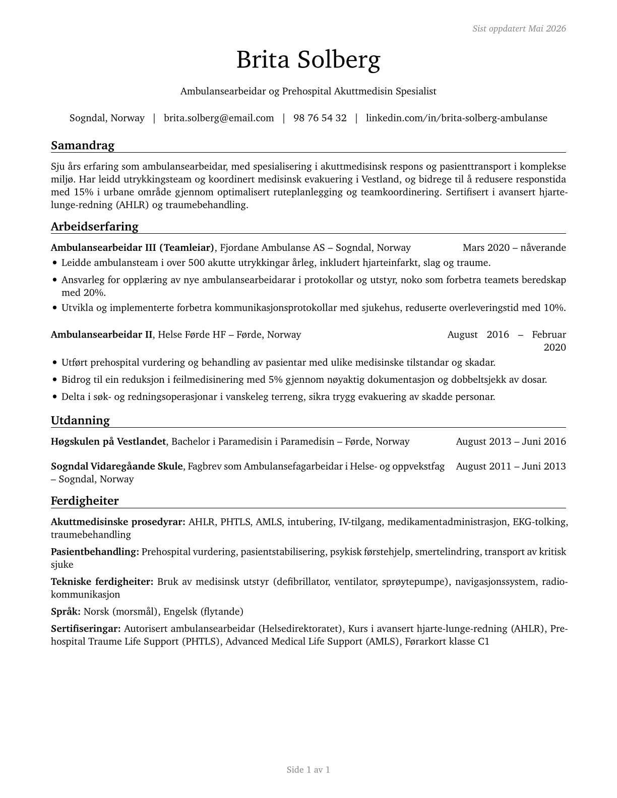 Emergency Medical Technicians CV in Norwegian_nynorsk — page 1