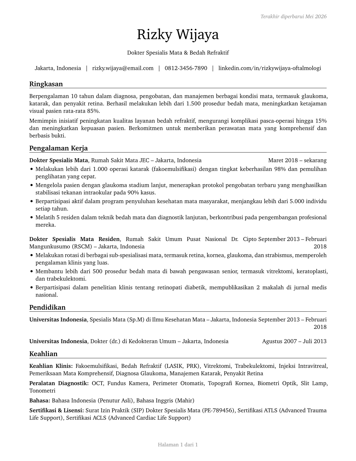 Ophthalmologists, Except Pediatric CV in Indonesian — page 1