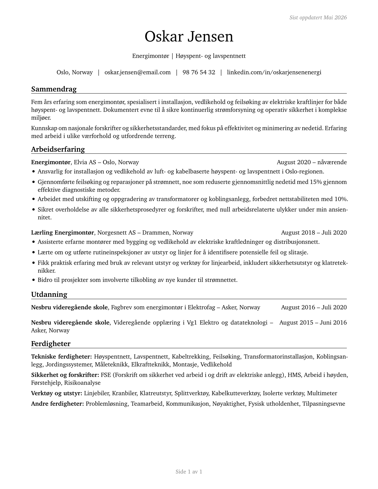 Electrical Power-Line Installers and Repairers CV in Norwegian_bokmal — page 1