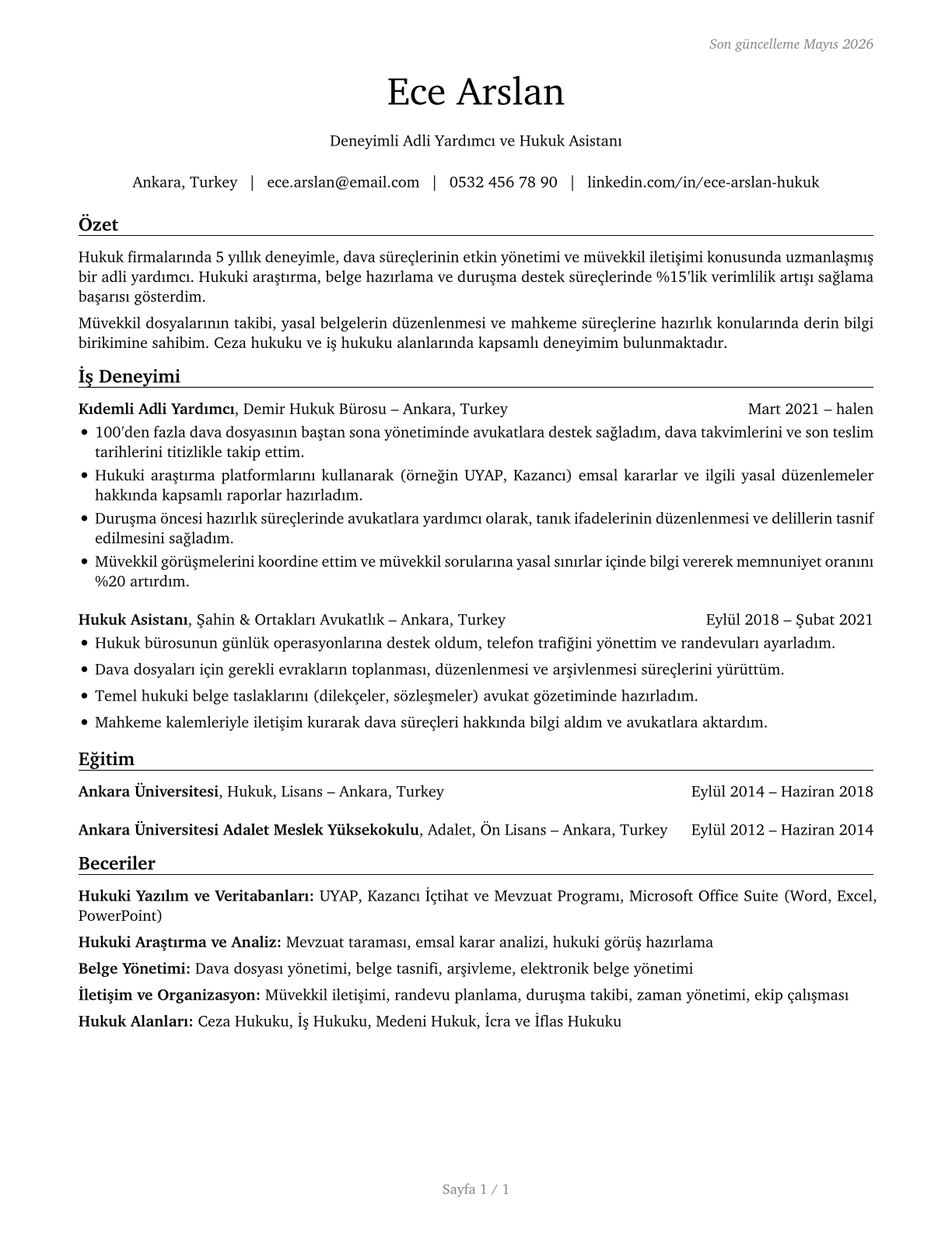 Paralegals and Legal Assistants CV in Turkish — page 1